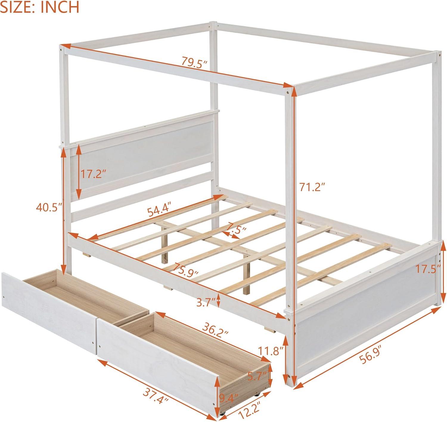 CITYLIGHT Full Size Canopy Bed with 2 Storage Drawers, Wooden Canopy Platform Bed with Headboard, Four Post Bed (Brushed White)