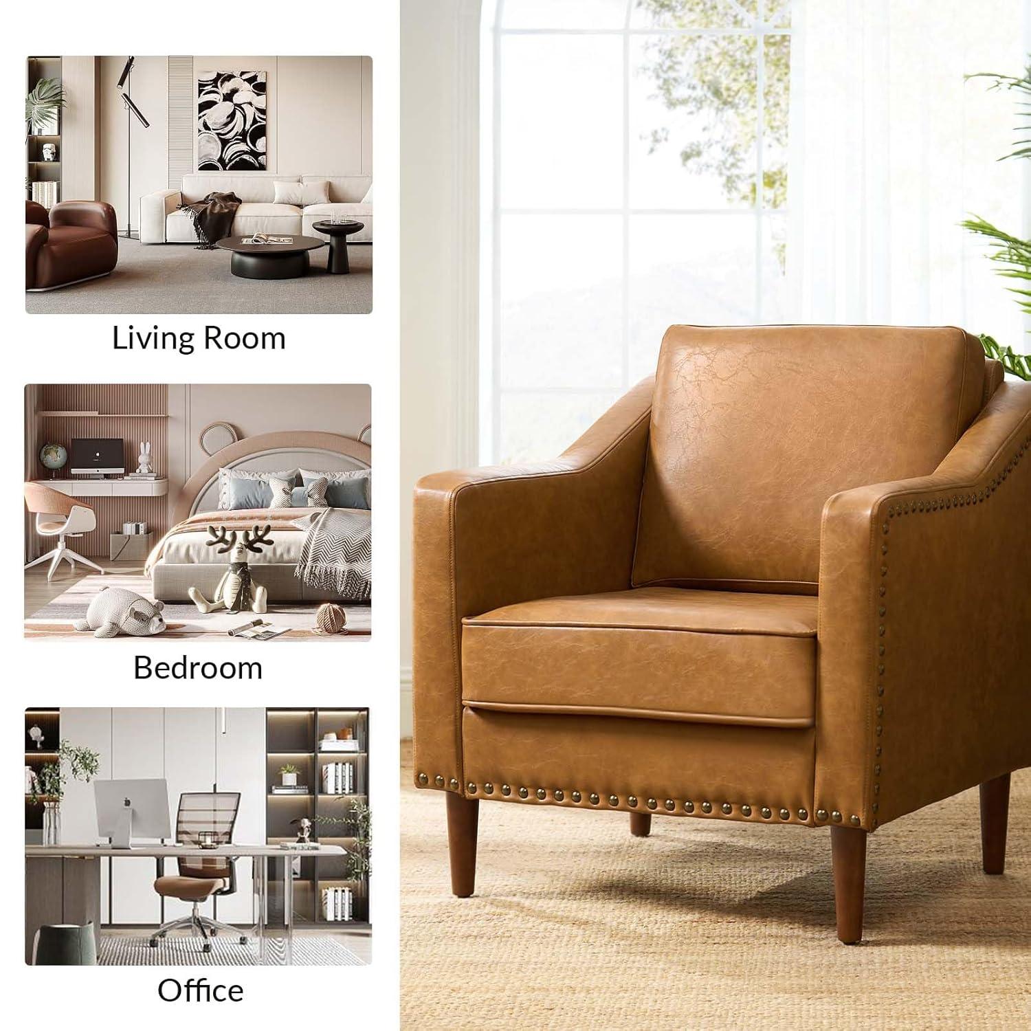 HULALA HOME Faux Leather Accent Armchairs Set of 2 with Back & Seat Cushions, Traditional Club Chairs with Nailhead Trim, Comfy Upholstered Sofa Chairs for Living Room Bedroom, Beige