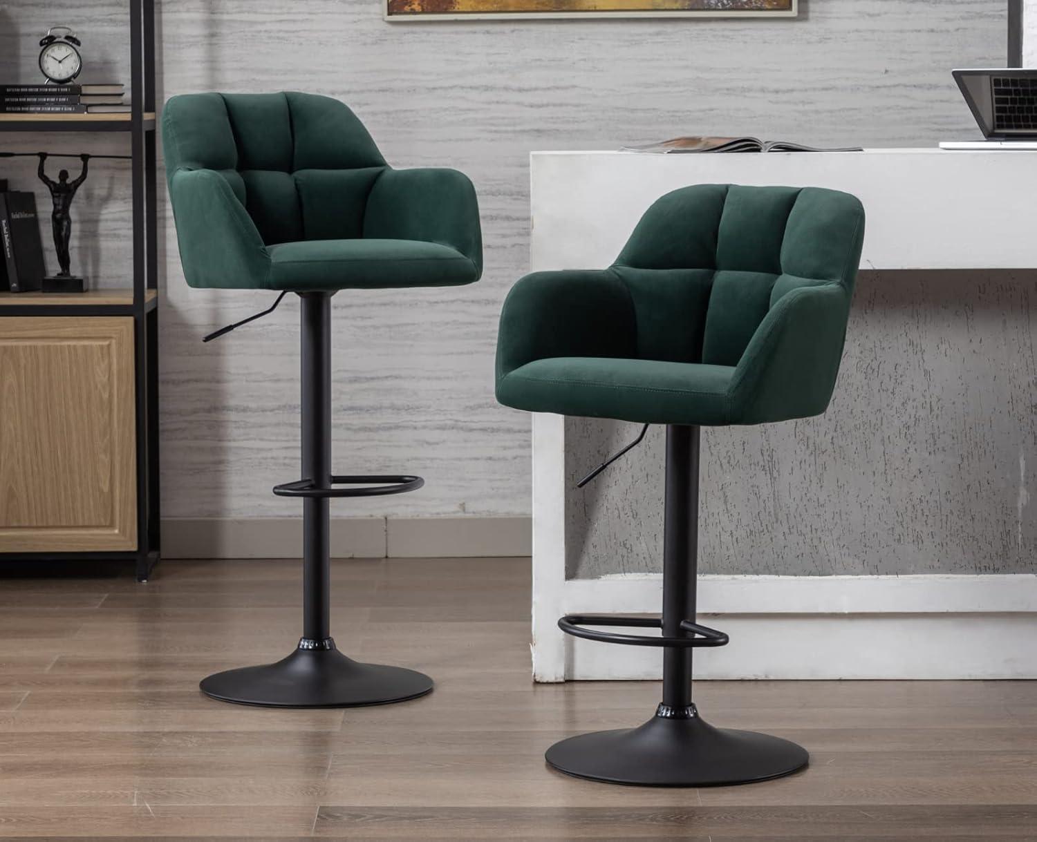 Green Velvet Adjustable Swivel Bar Stools with Metal Base, Set of 2