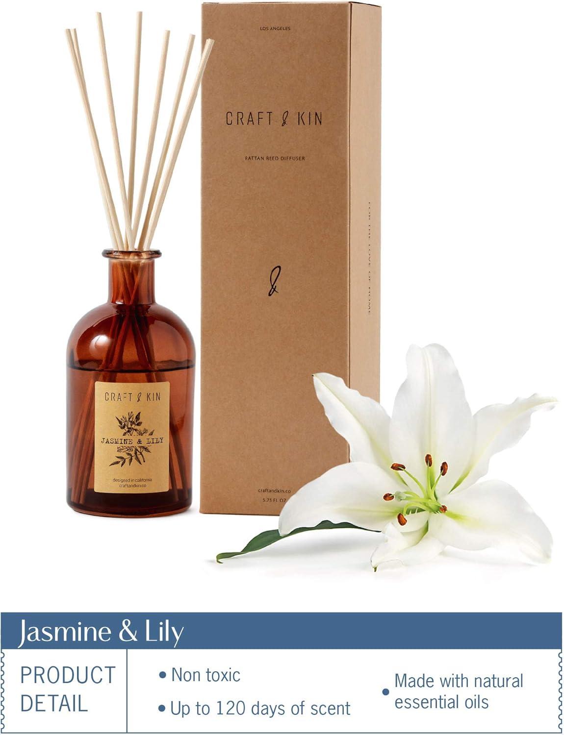 Craft & Kin Lily & Jasmine Diffuser Reed Diffuser | All Natural Essential Oil & 8 Rattan Scent Sticks | Reed Diffusers for Home, Bathroom | Long Lasting Home Fragrance in Amber Glass, 5.75oz