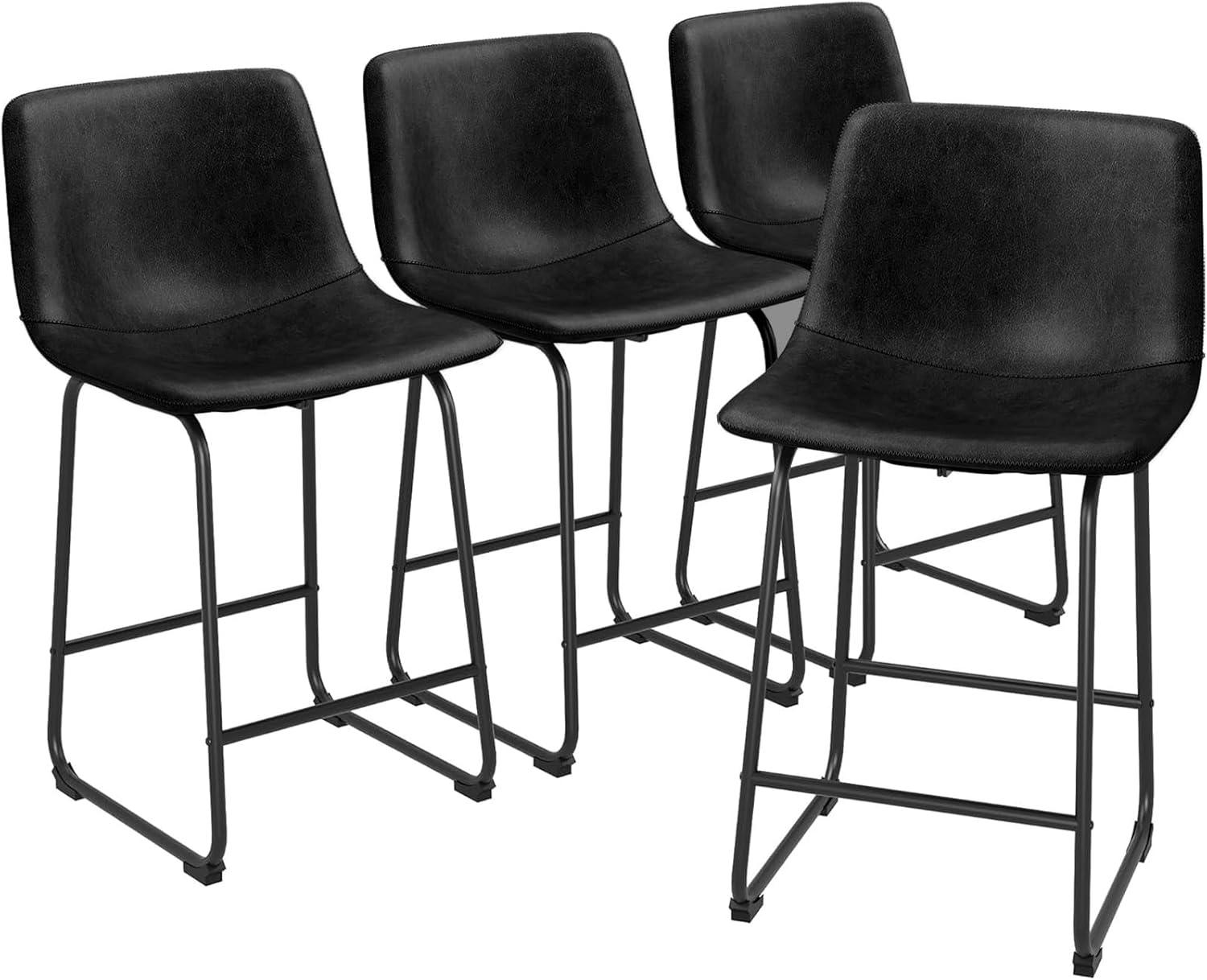 Set of 4 Black PU Leather Counter Height Bar Stools with Metal Legs