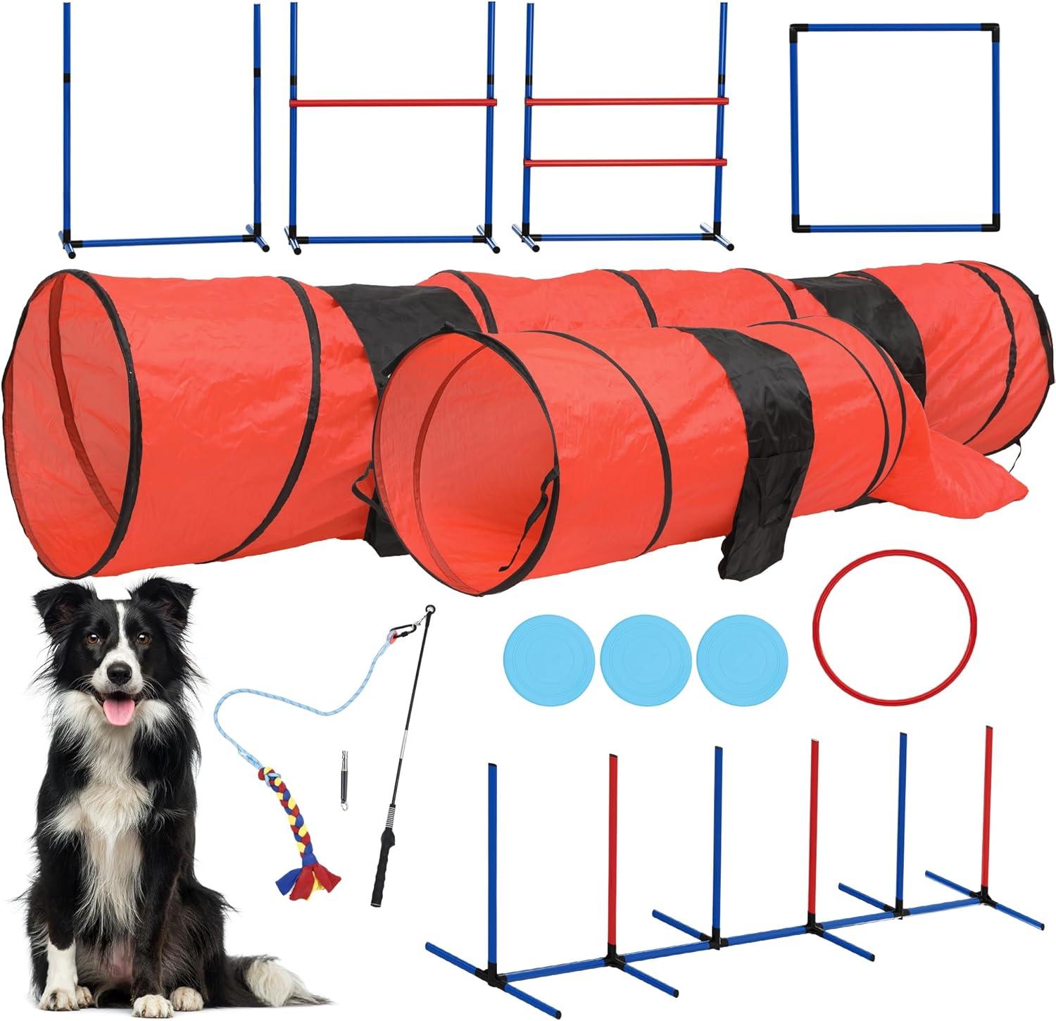 Dog Agility Equipments, Includes Flirt Pole Toy, 3 Flying Discs, 2 Agility Tunnel, 3 Jumps, 6 Weave Poles, Pause Box,Agility Course Set for Backyard, Indoor, Outdoor