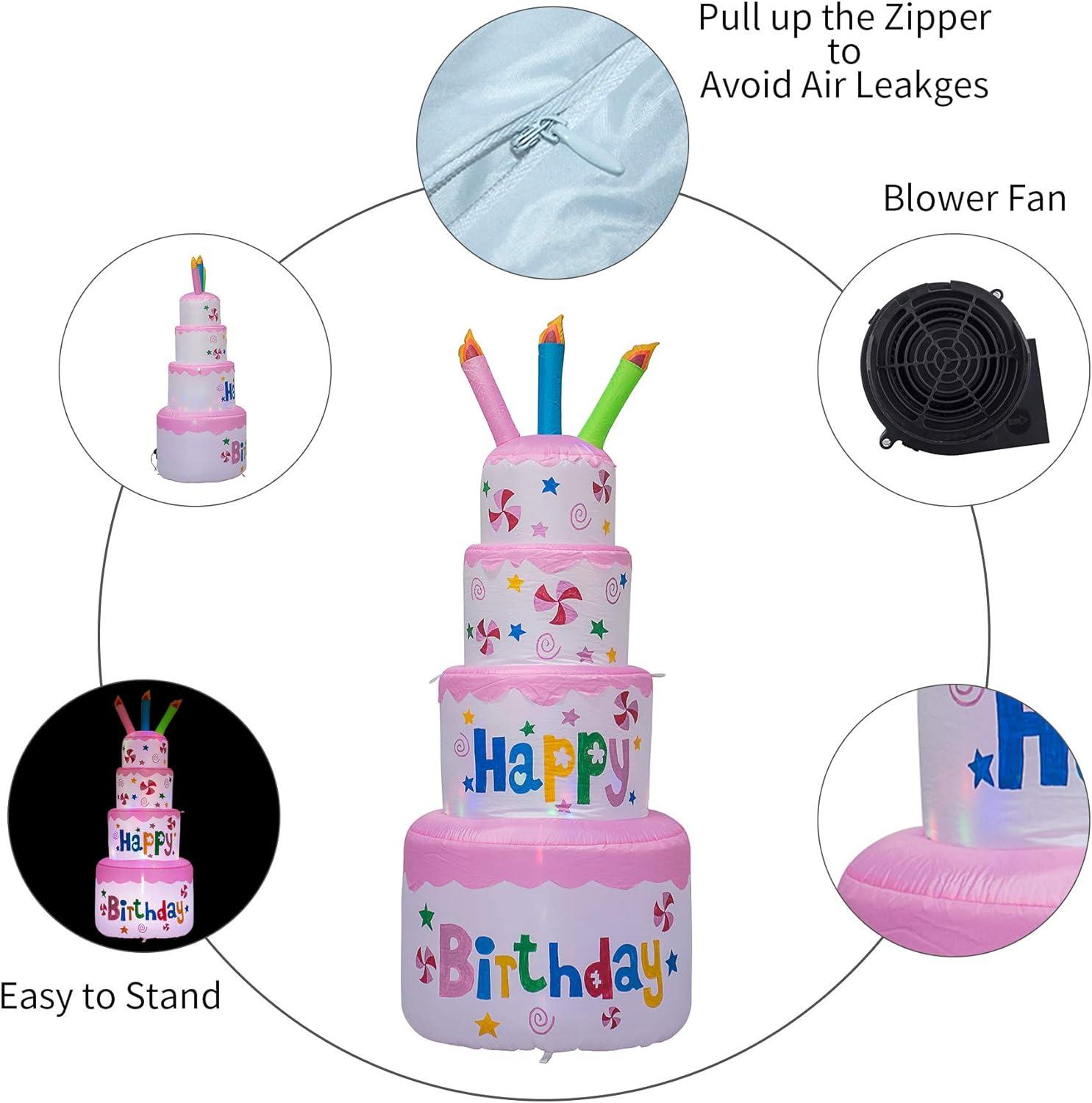 AJY 6 Feet Birthday Inflatable Happy Birthday Inflatable Cake with Candle Blow Up Inflatable Indoor Outdoor Yard Lawn Decoration Clearance