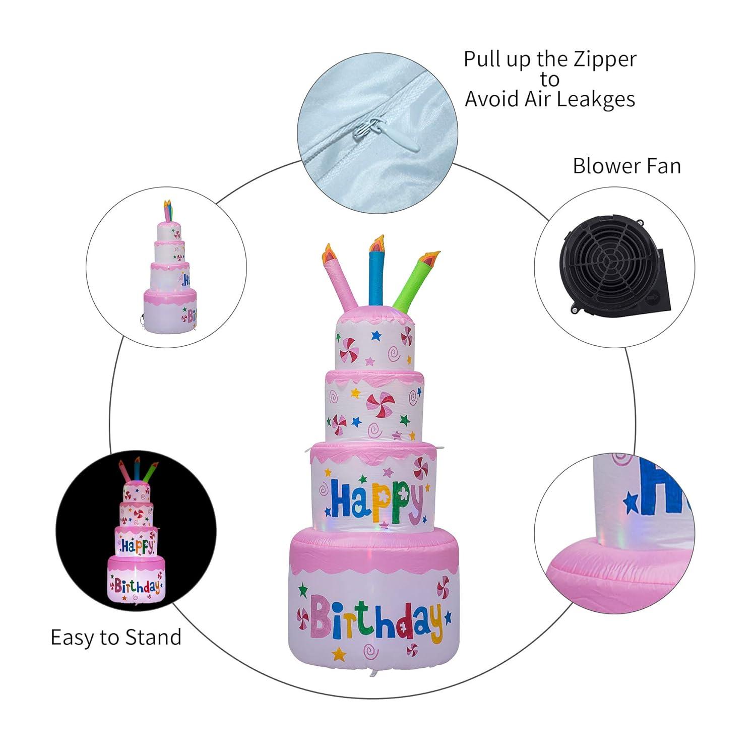 AJY 6 Feet Happy Birthday Inflatable Cake with Candle - Blow Up Indoor/Outdoor Yard Lawn Decoration