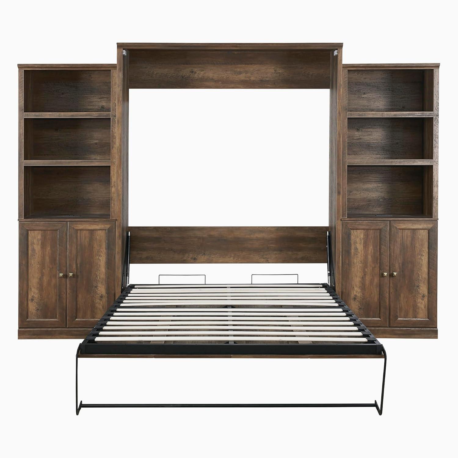 LUSPAZ Queen Size Half Self-Close and Open Murphy Bed with 2 Side Cabinet and Desk, Space-Saving Design Solid Pine Wood Foldable Pull Out Bed Cabinet, for Apartments, Bedrooms, Brown