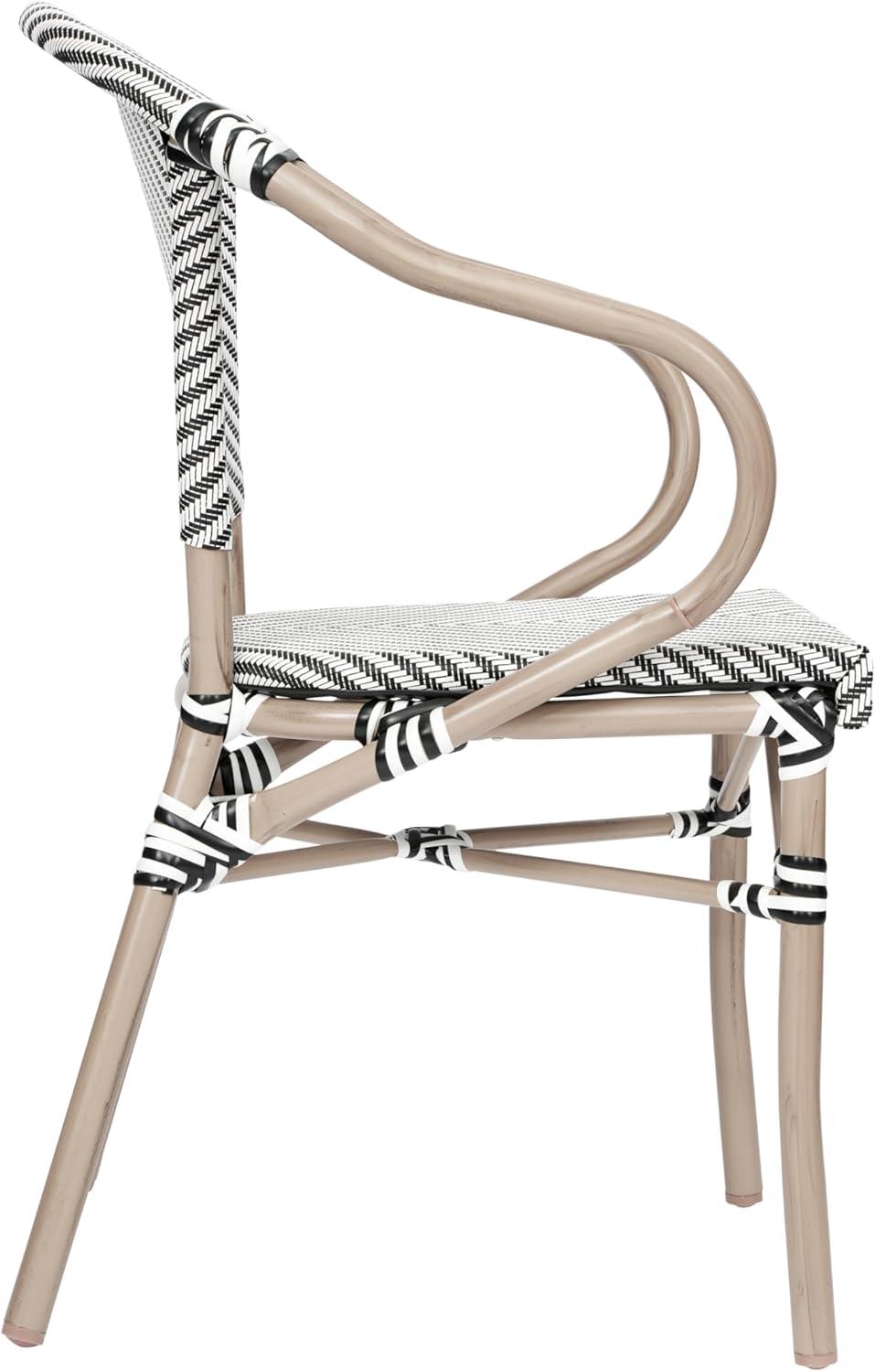 Flash Furniture Marseille Indoor/Outdoor Commercial Bistro Stacking Chair with Arms, Black/White Textilene & Bamboo Print Aluminum Frame in LT Natural