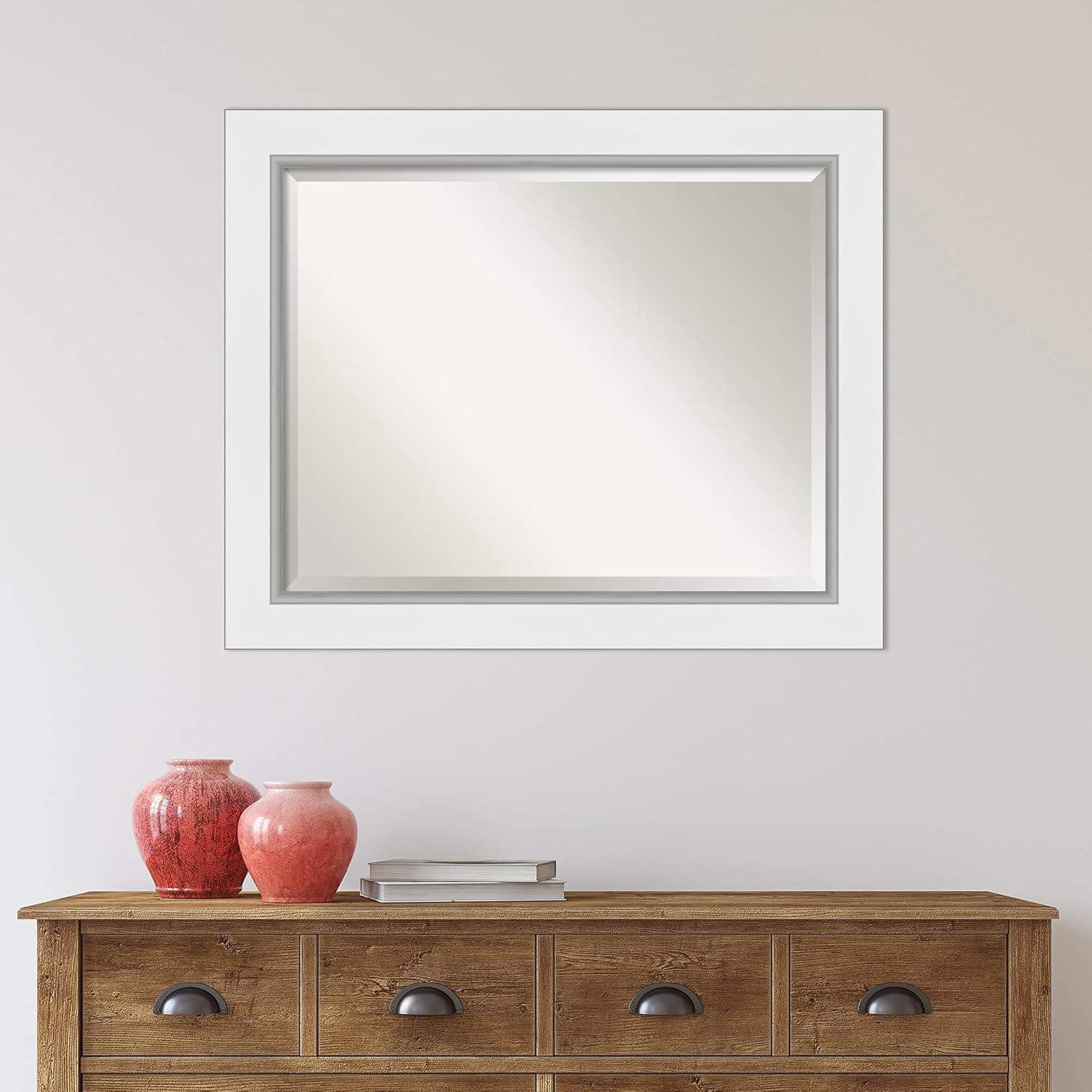 Amanti Art 33" x 27" Eva White Silver Framed Bathroom Vanity Wall Mirror: Modern Rectangular, Wall-Mounted, Beveled Glass