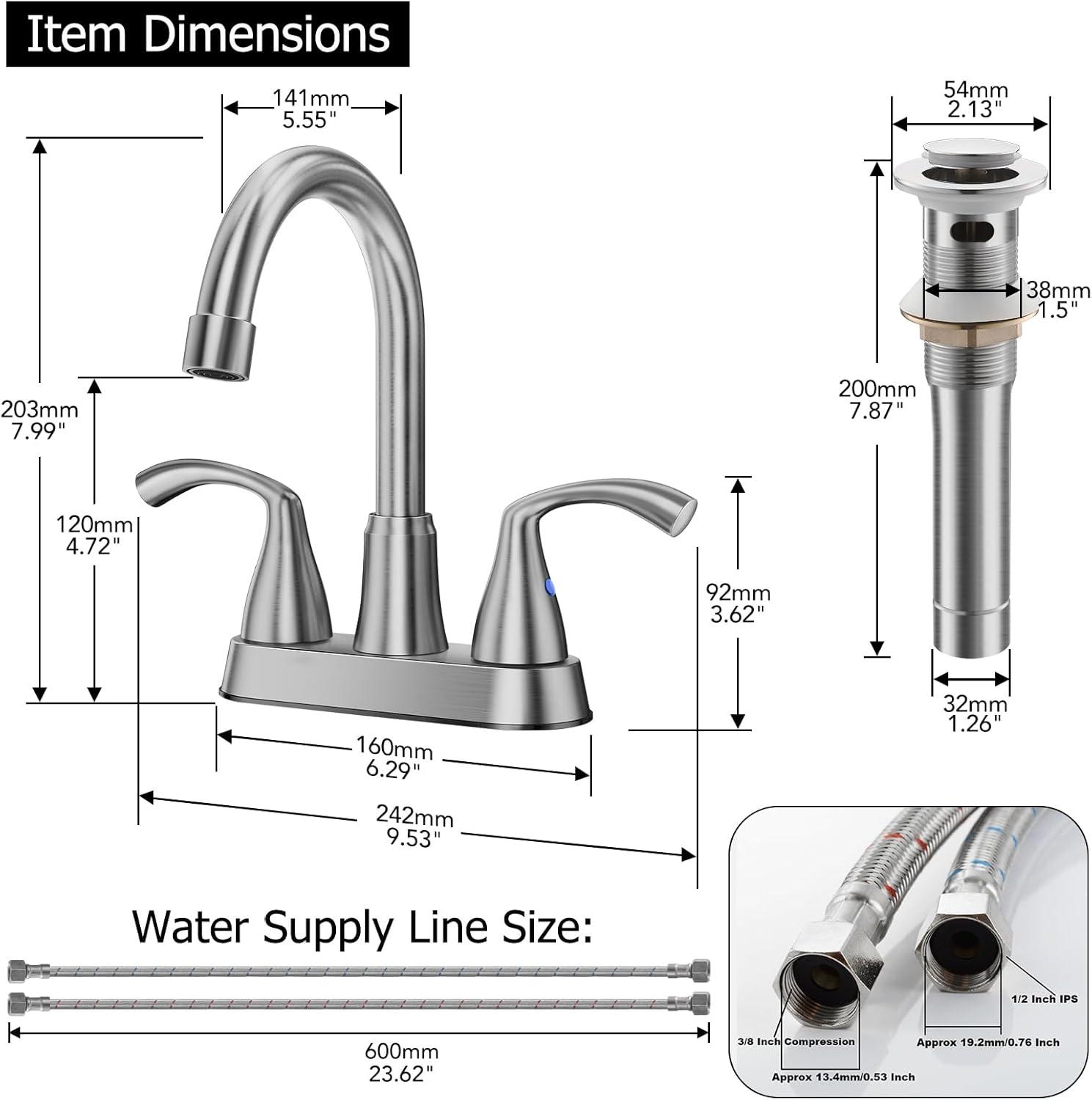 Phiestina Centerset 4 Inch 2 or 3 Holes Brushed Nickel Bathroom Faucet, Vanity Sink Faucet with 360 Swivel Spout, Metal Pop-up Drain and Water Supply Lines, JC180-BN