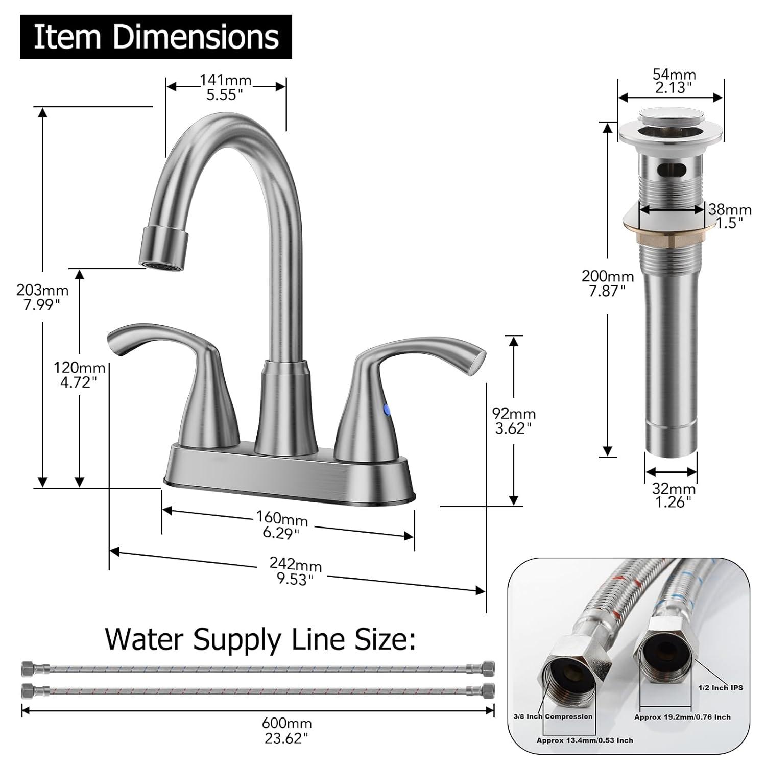 Phiestina Centerset 4 Inch 2 or 3 Holes Brushed Nickel Bathroom Faucet, Vanity Sink Faucet with 360 Swivel Spout, Metal Pop-up Drain and Water Supply Lines, JC180-BN
