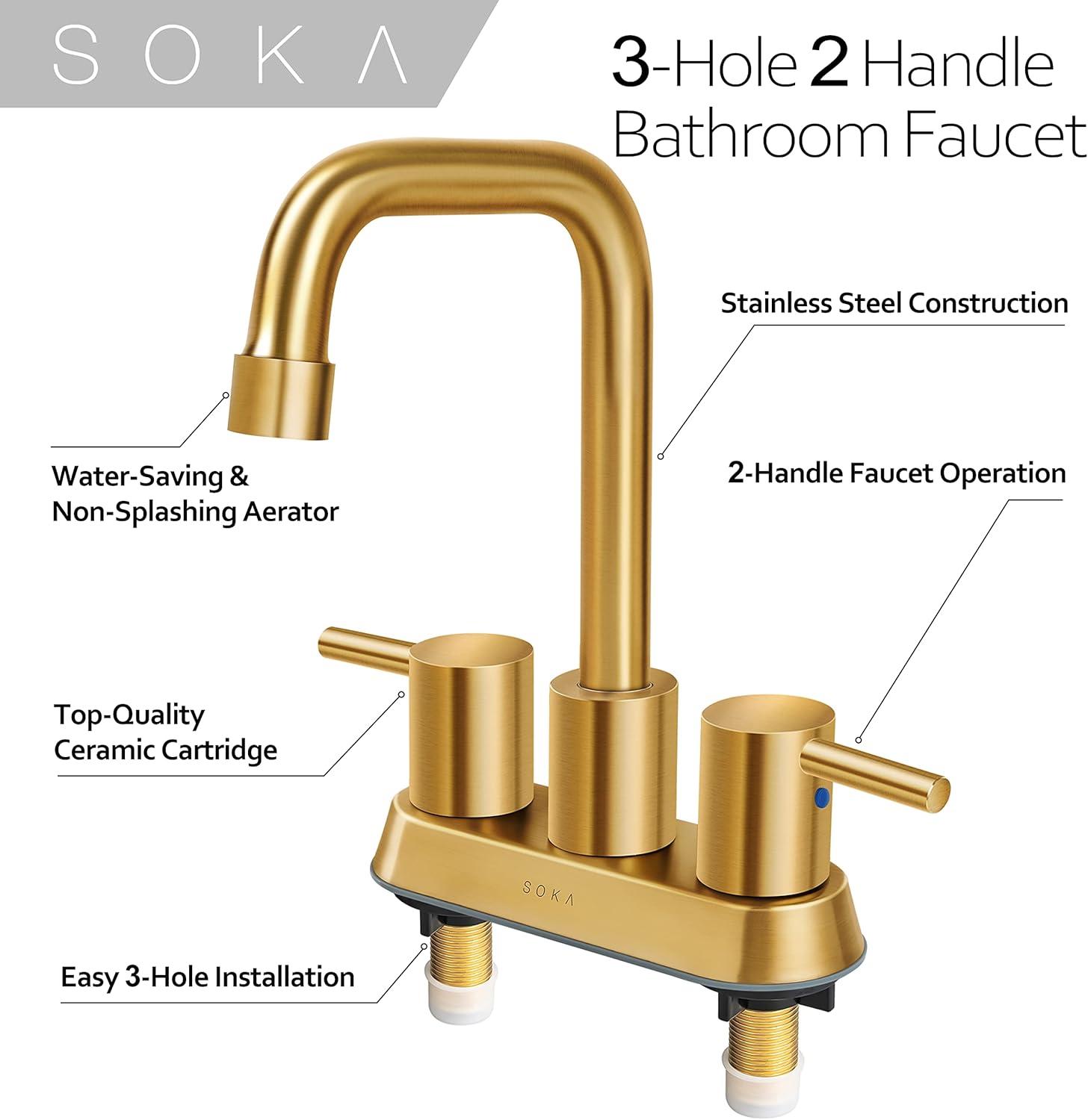 Centerset Bathroom Faucet 2 Handles 4 Inch Commercial Hand Sink Touch Faucets 3 Hole Bathroom Sink Faucet Gooseneck, Gold