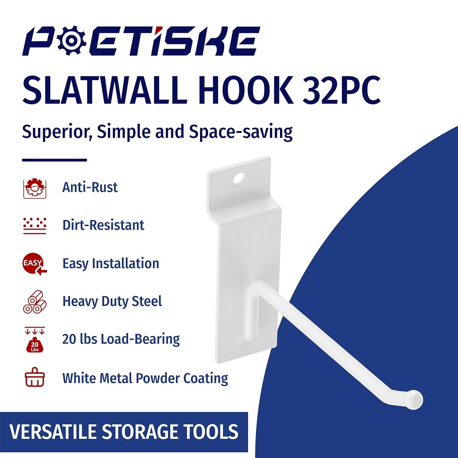 POETISKE Slatwall Hooks 32PC 8inch Slatwall Accessories Garage Organization Heavy Duty Pegboard Gridwall Display Hooks for Retail White