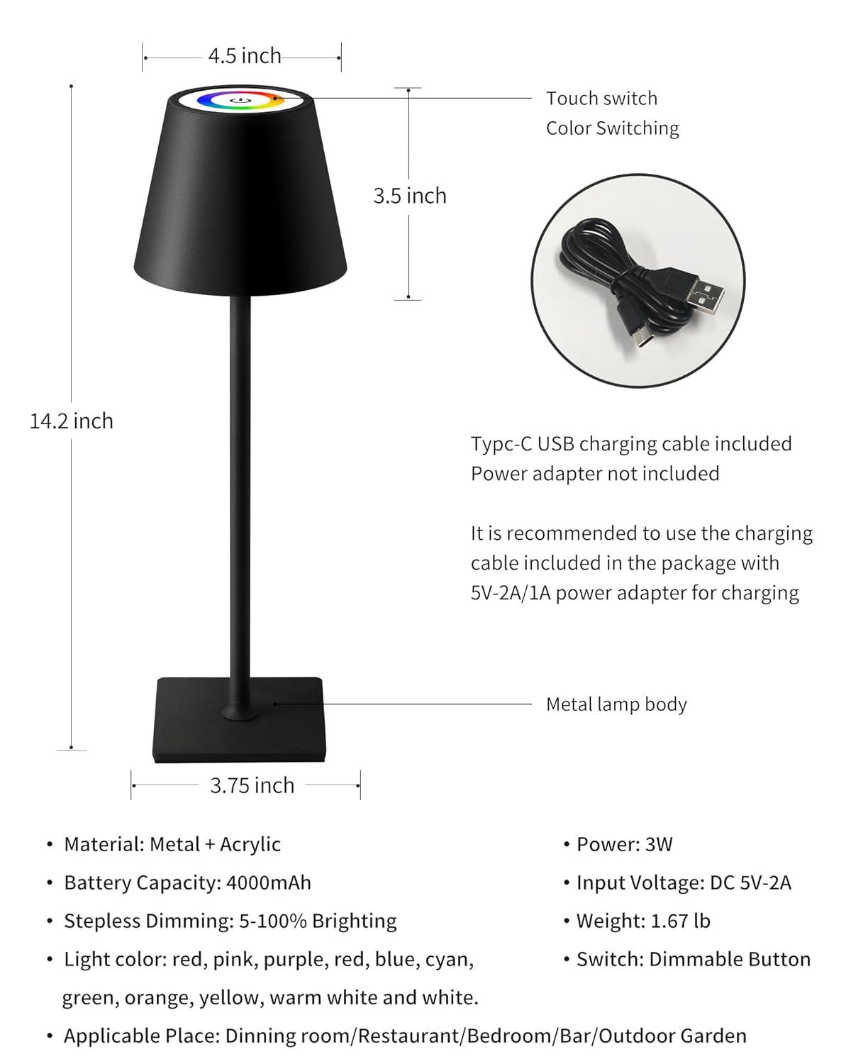 KDG 2 Pack Cordless Table Lamp,Portable LED Desk Lamp, 5000mAh Battery Operated, 3 Color Stepless Dimming Up, for Restaurant/Bedroom/Bars/Outdoor Party/Camping/Coffee Shop Night Light(Black)