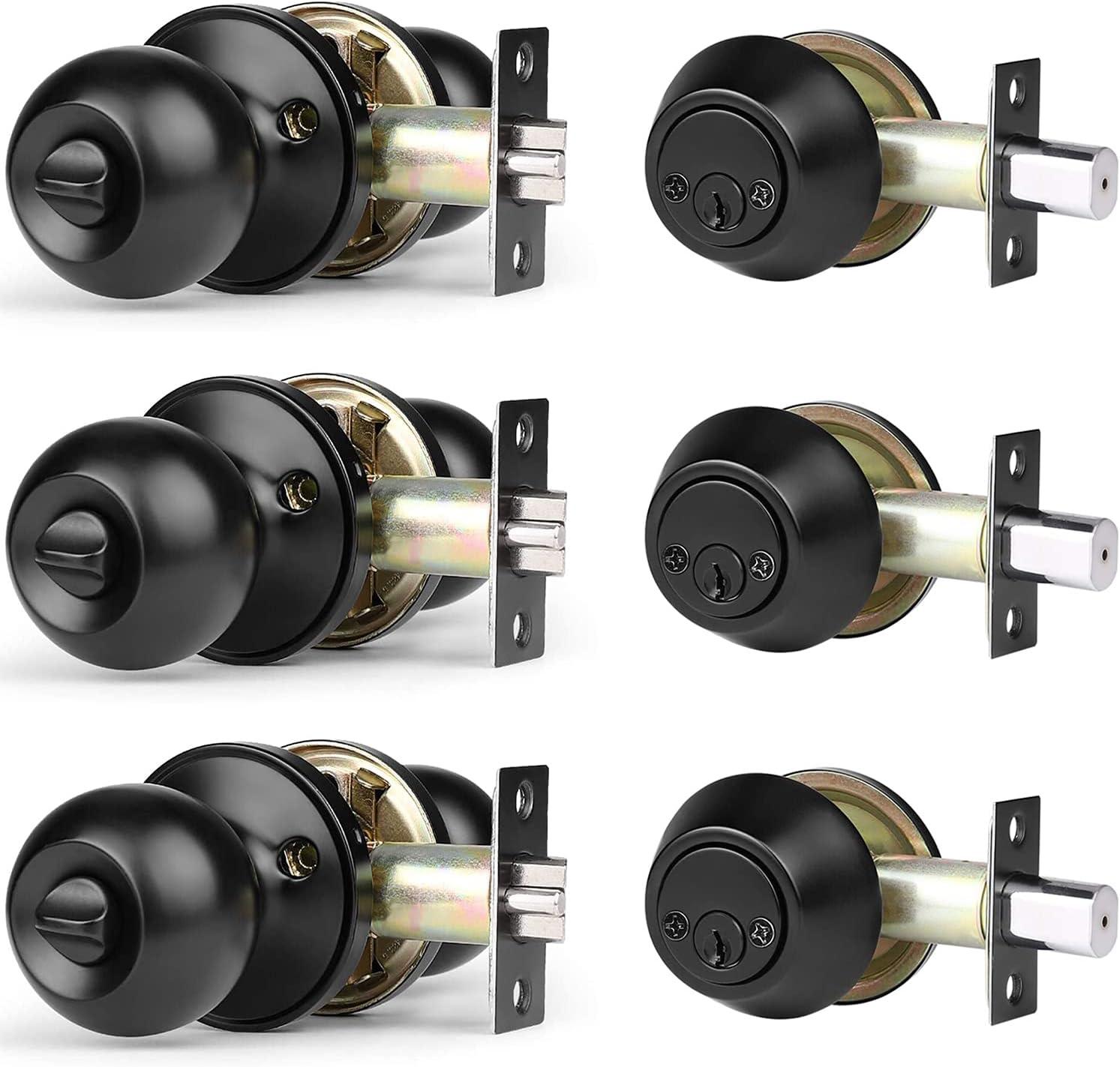 3 Pack Keyed Alike Entry Door Knobs and Single Cylinder Deadbolt Lock Combo Set Security for Entrance and Front Door with Classic Matte Black Finish