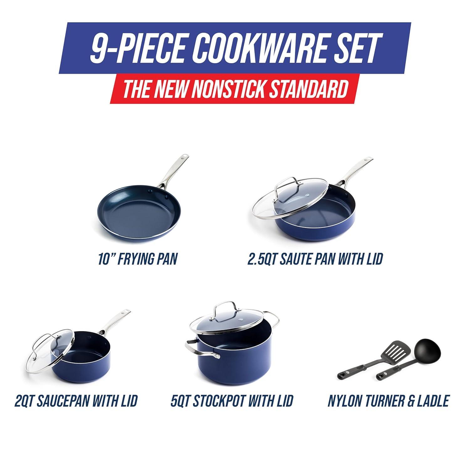 Blue Diamond 9 Piece Nonstick Cookware Set, Diamond Ceramic Pots & Pans, Dishwasher & Metal Utensil Safe, Non Toxic PFAS-Free, Kitchen Cooking Sauce & Saute Pans, Oven & Broiler to 600F, Blue