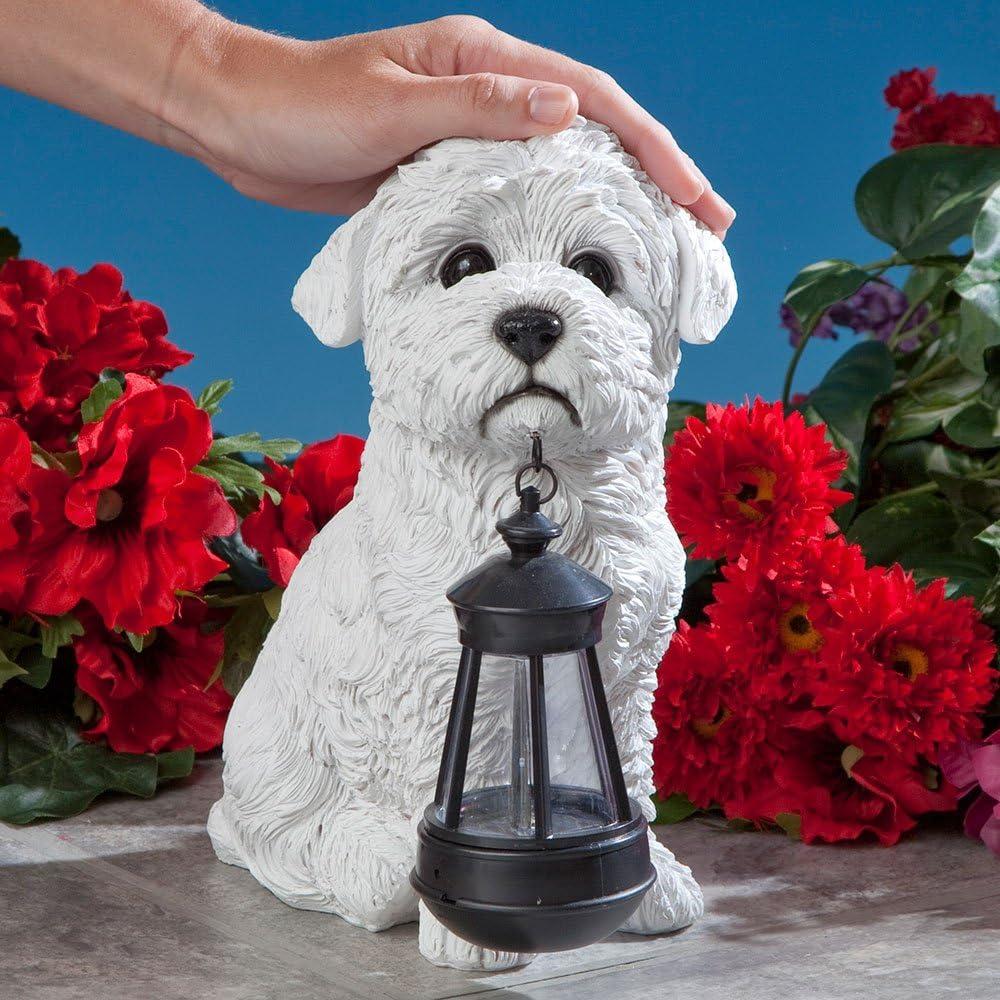 White Resin Bichon Dog Solar Lantern Statue with LED Light