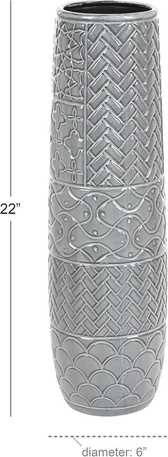 DecMode Gray Eclectic Ceramic Decorative Vase with Chevron, Scribbles, Curved Scales and Scrolling Vines Pattern, 7"W x 22"H