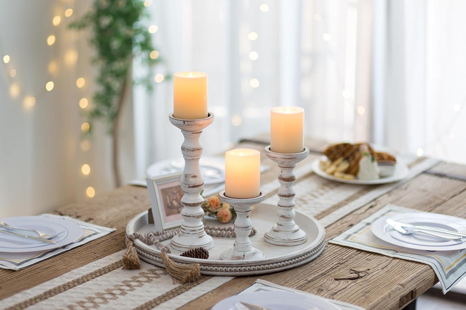 Whitewashed Pine Rustic Farmhouse Candle Holders Set of 3