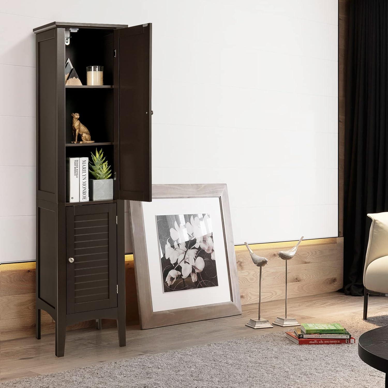 5 Tier  Freestanding Tower Cabinet Tall Bathroom Storage Cabinet Brown