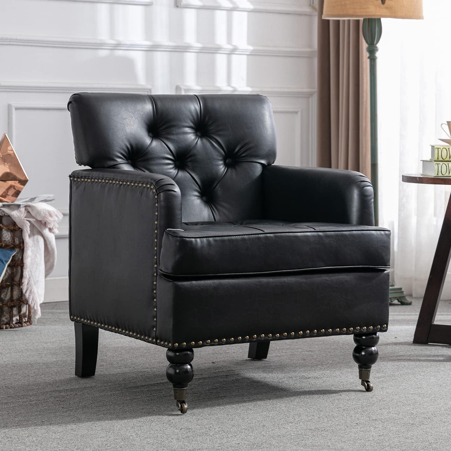 Nrizc Black Leather Club Chair, Mid Century Modern Accent Arm Chairs with Studded, Living Room Chairs with Solid Wood Frame, for Living Room, Bedroom, Reading, or Office