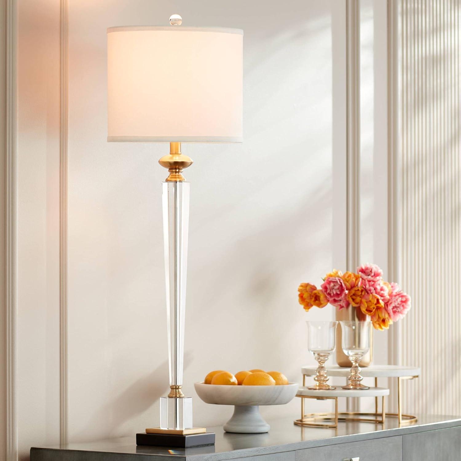 Vienna Full Spectrum Modern Table Lamps 38 1/2" Tall Set of 2 Clear Crystal Glass Hexagonal Column White Drum Shade for Bedroom Living Room Bedside