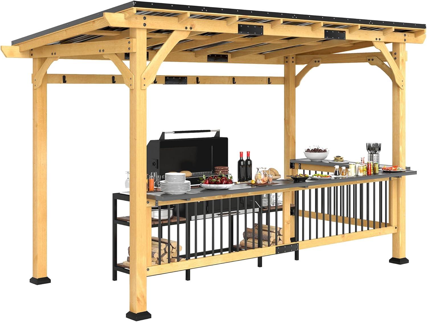 Outsunny 13' x 6' Wooden Grill Gazebo, Hardtop Outdoor BBQ Gazebo with with Metal Roof, 2 Bar Shelves and 6 Hooks for Patio, Deck, Yard, Natural