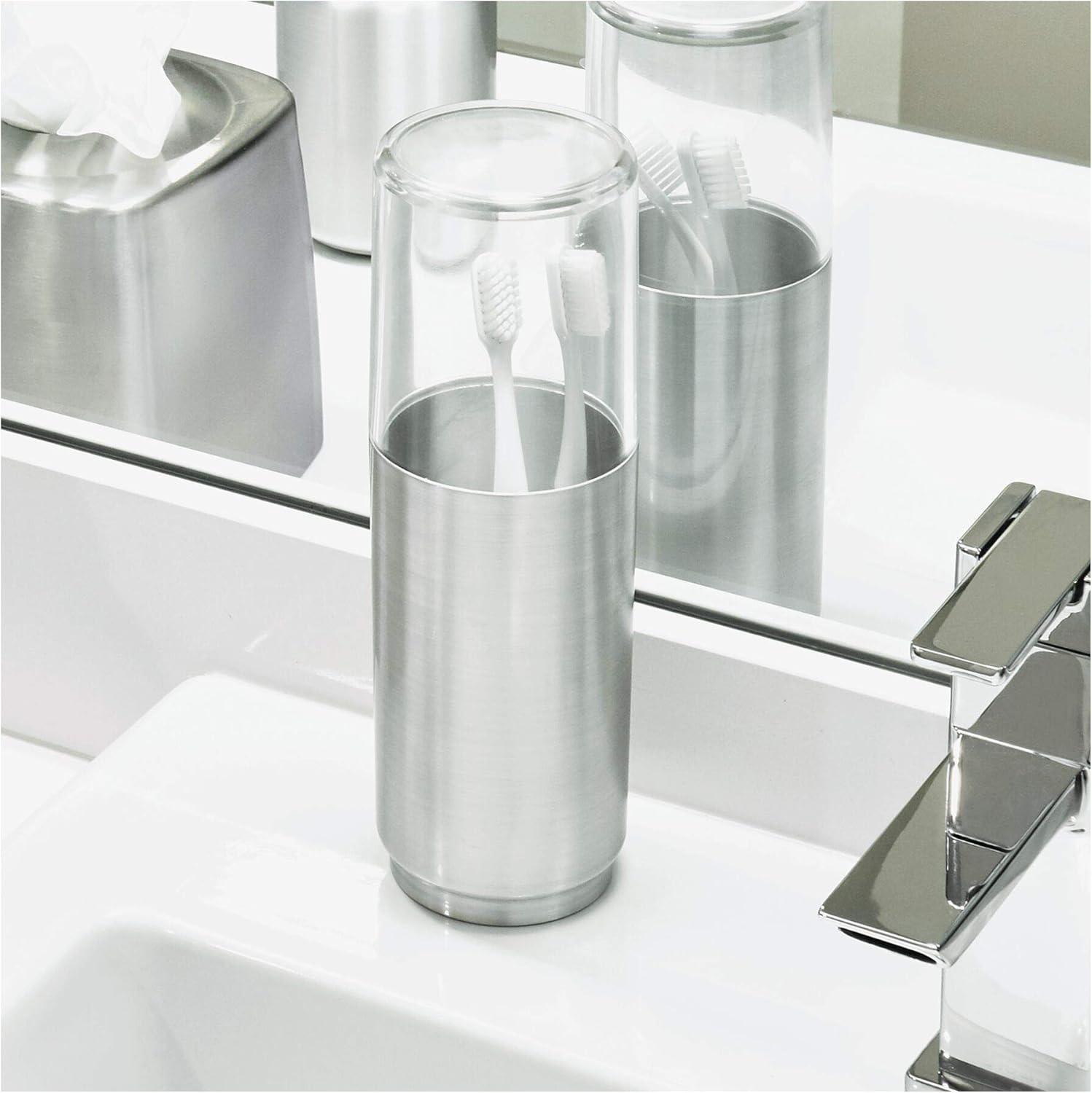 iDesign Austin Steel and BPA-Free Plastic Toothbrush Holder with Lid, Clear/Brushed Nickel