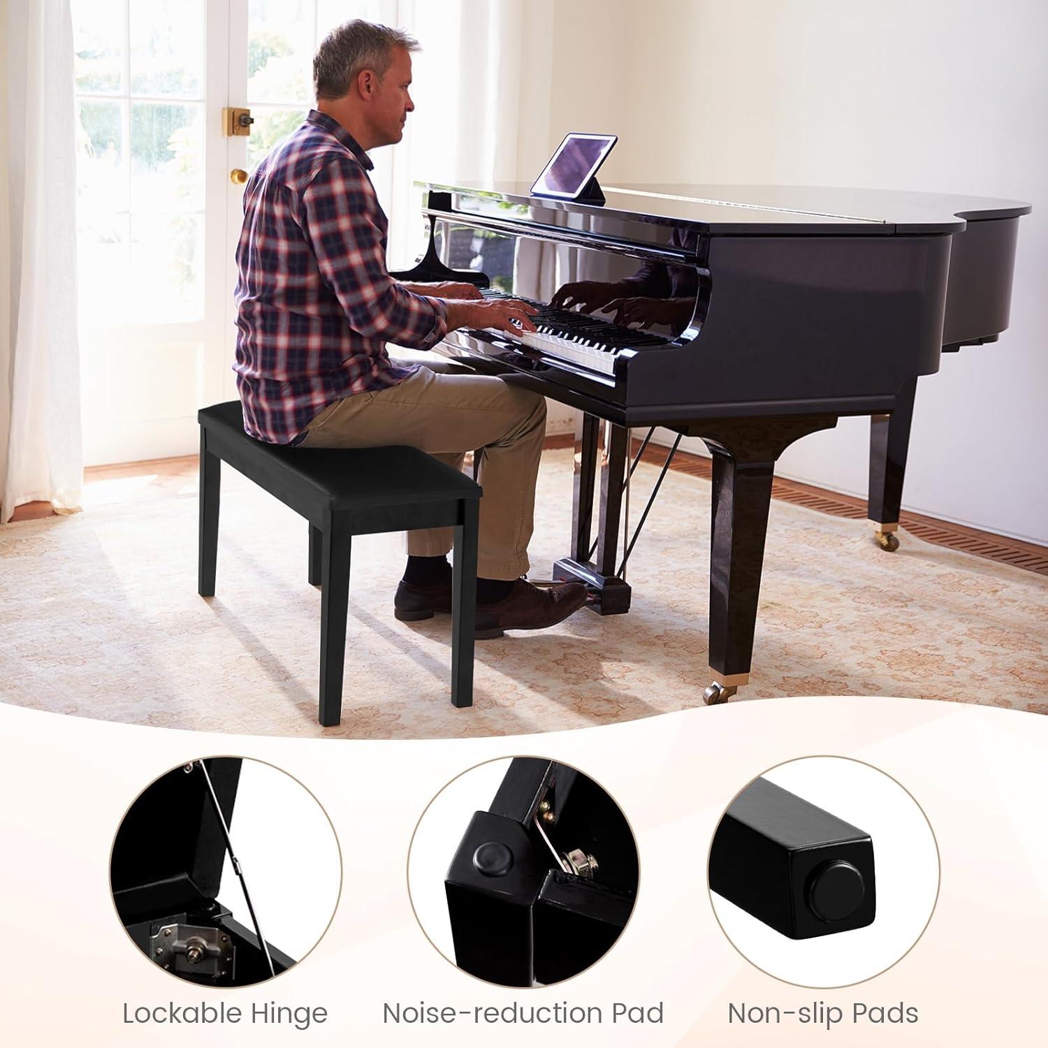 Tangkula PU Leather Piano Bench Solid Wood Padded Double Duet Keyboard Seat w/ Storage Box Black
