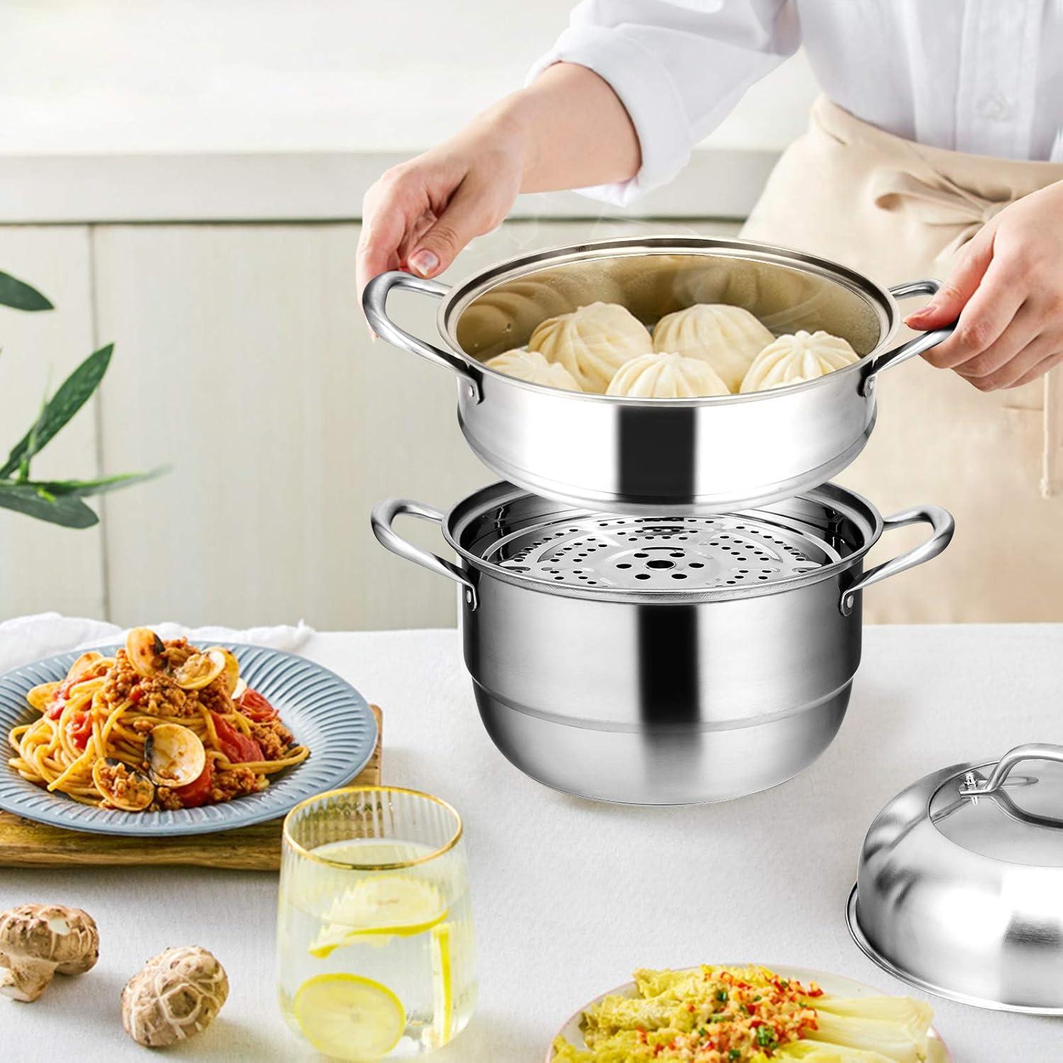 3-Tier Stainless Steel Steamer Pot with Tempered Glass Lid