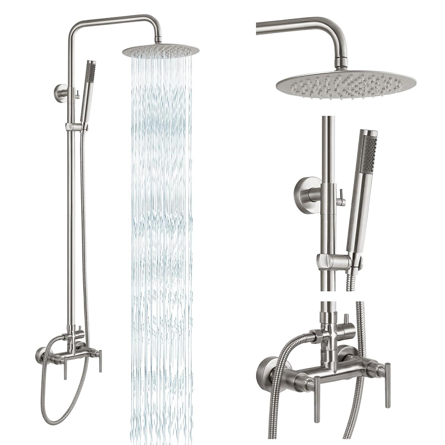 gotonovo SUS304 Outdoor Shower Fixture High Pressure Shower System Combo Wall Mount 2 Dual Function Shower Faucet Set Round Handheld Spray Brushed Nickel Single Handle