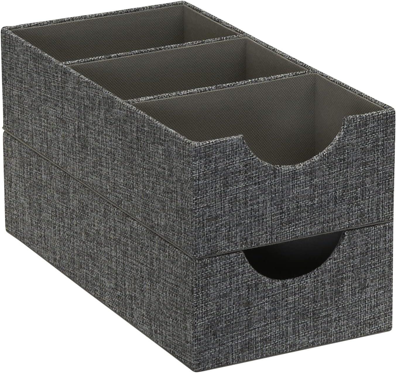 Household Essentials Set of 2 3-Section Drawer Trays Graphite Linen: Stackable Decorative Storage Boxes, Gray, 12"x6"