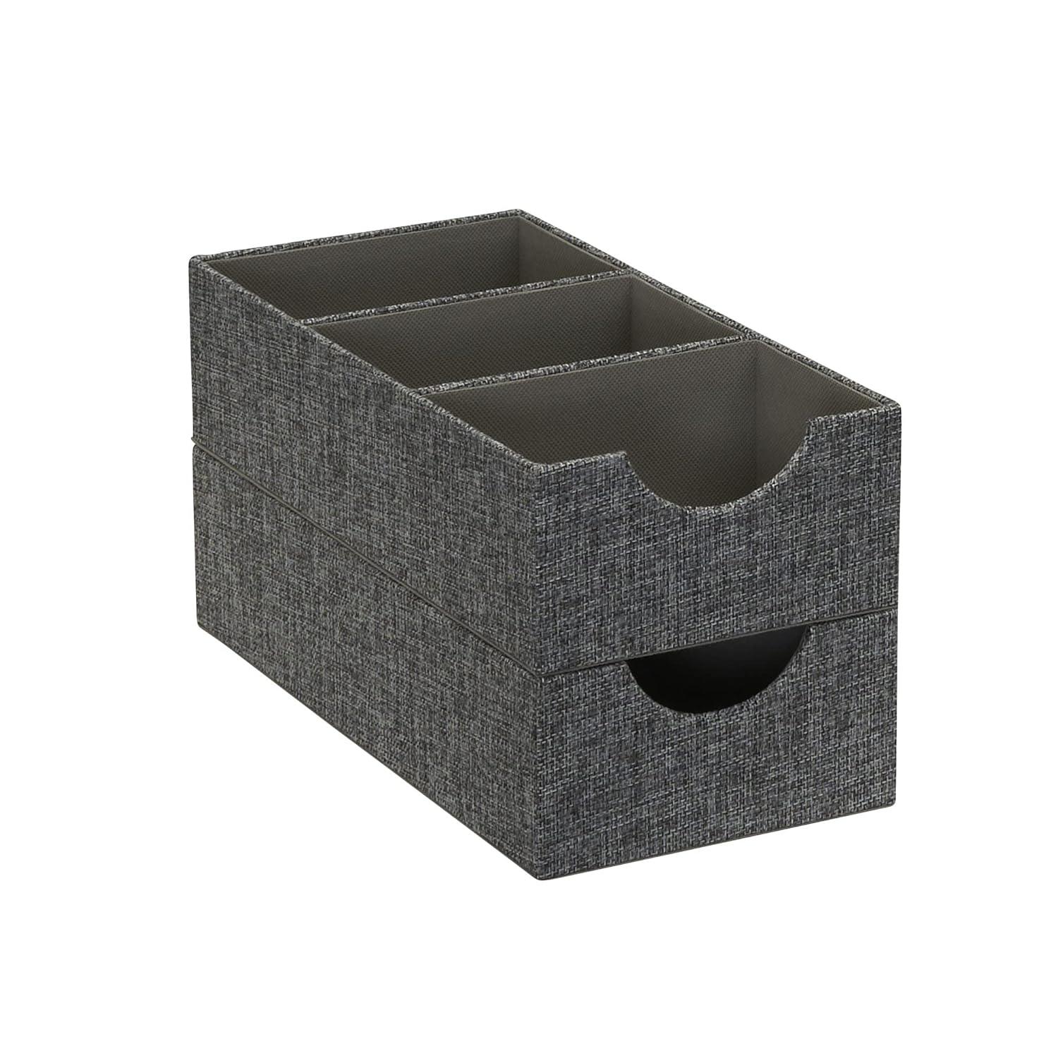 Household Essentials Set of 2 3-Section Drawer Trays Graphite Linen: Stackable Decorative Storage Boxes, Gray, 12"x6"