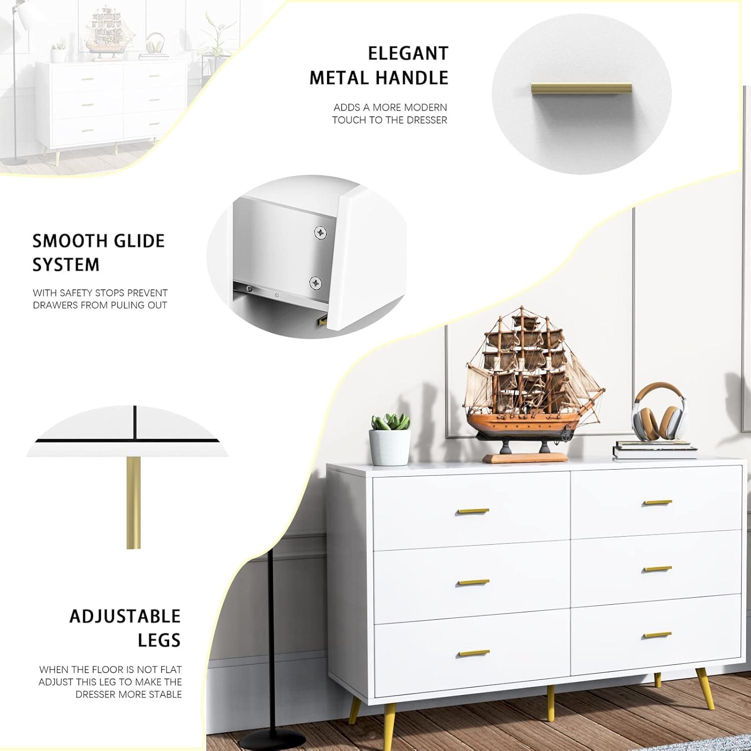 JOZZBY White Dresser, 6 Drawer Dresser for Bedroom with Wide Drawers and Metal Handles, Modern Wood Storage Chest of Drawers for Living Room Hallway Entryway