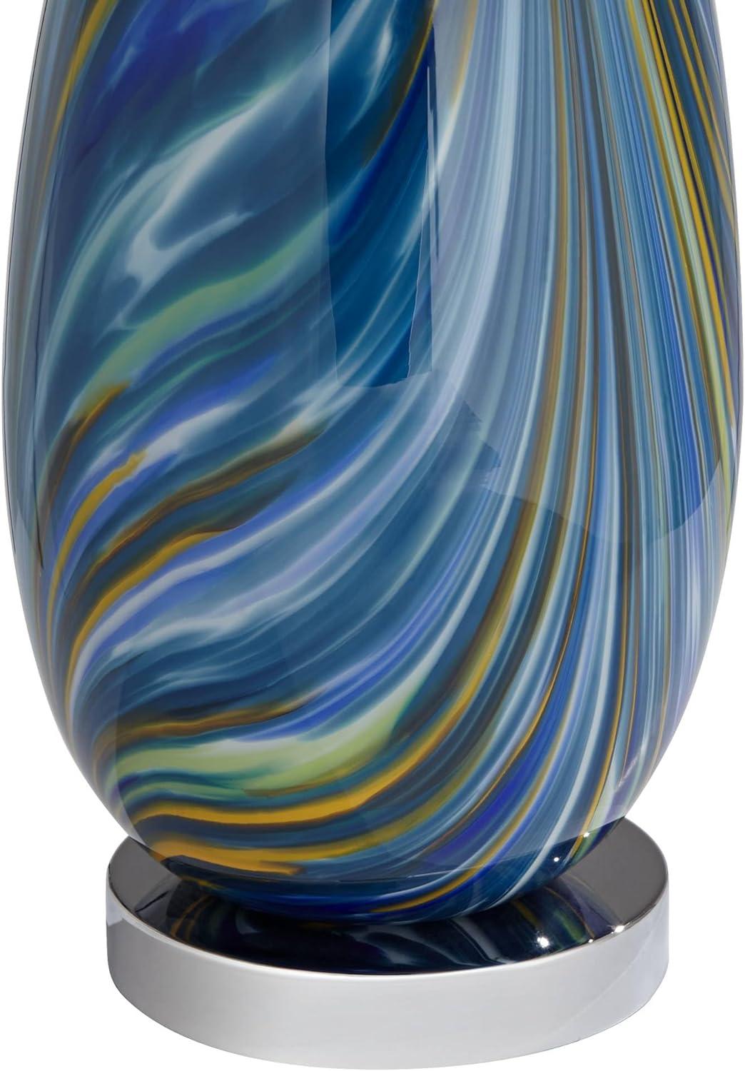 Possini Euro Design Modern Table Lamp with USB Charging Port 27" Tall Multi Blue Art Glass White Drum Shade for Living Room Bedroom (Color May Vary)