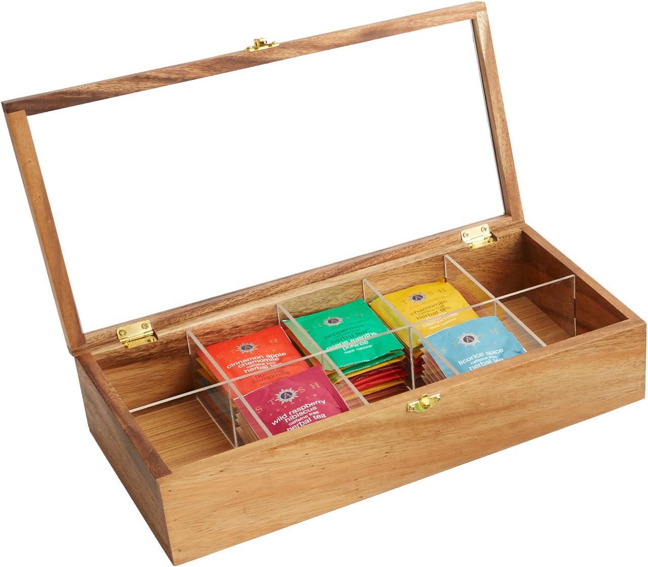 Woodard & Charles 10 Compartment Tea Storage Box, Acacia Wood, 15 1/4" x 7 1/2" x 3 3/4"