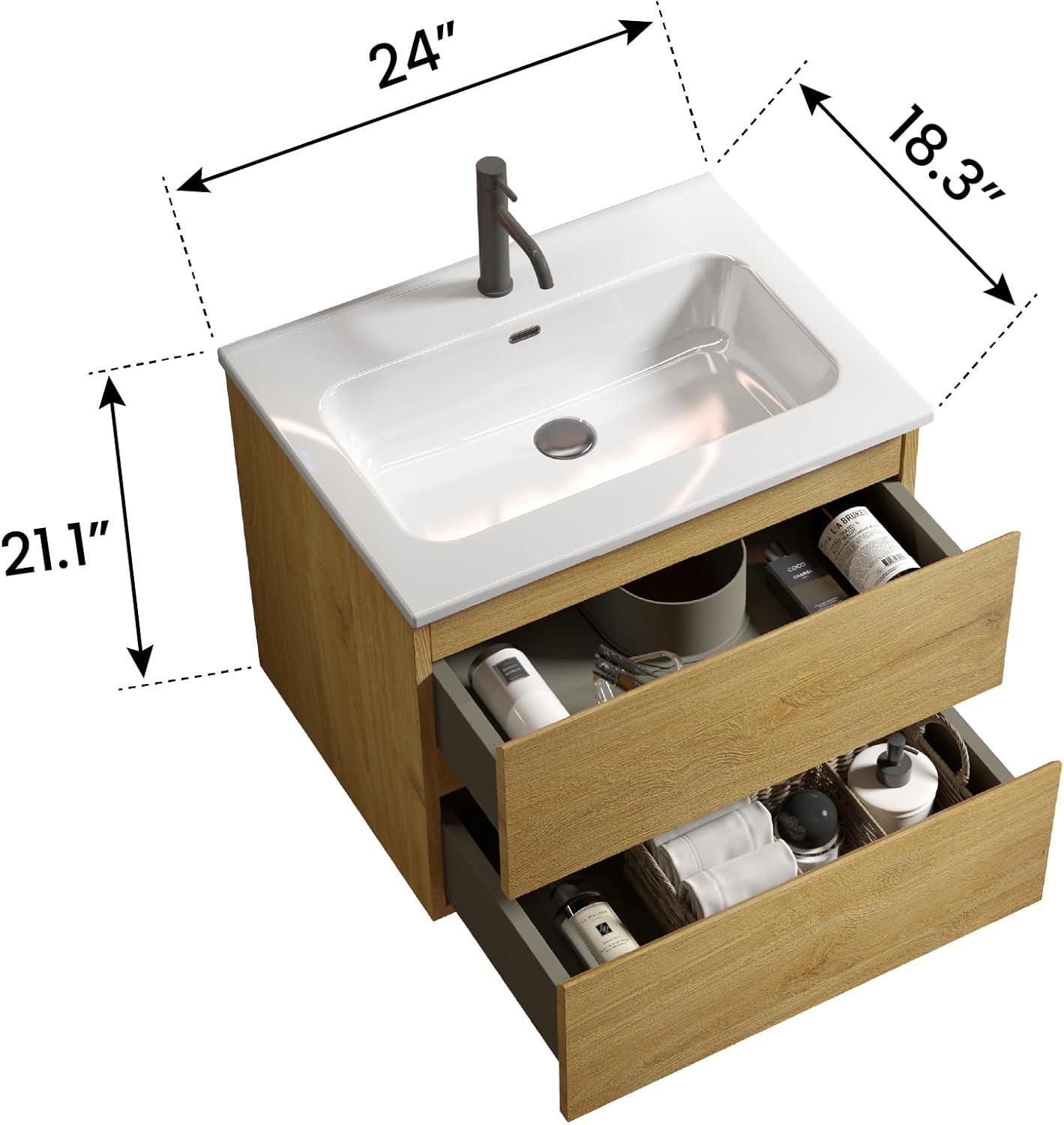 Little Tulip 24" Floating Bathroom Vanity with Ceramic Sink, Contemporary Bathroom Cabinet with 2 Drawers, Natural Oak