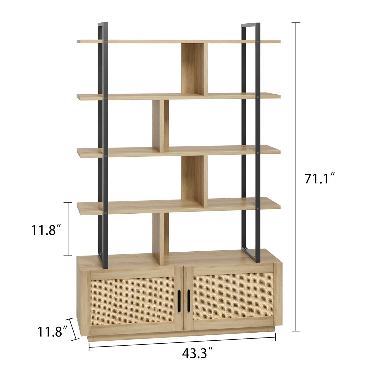 5 Tier Rattan Bookshelf with Storage Cabinet & Door, 71.1 Inch Tall Industrial Book Shelf,5 Shelf Bookcase with Metal Frame-Burlywood