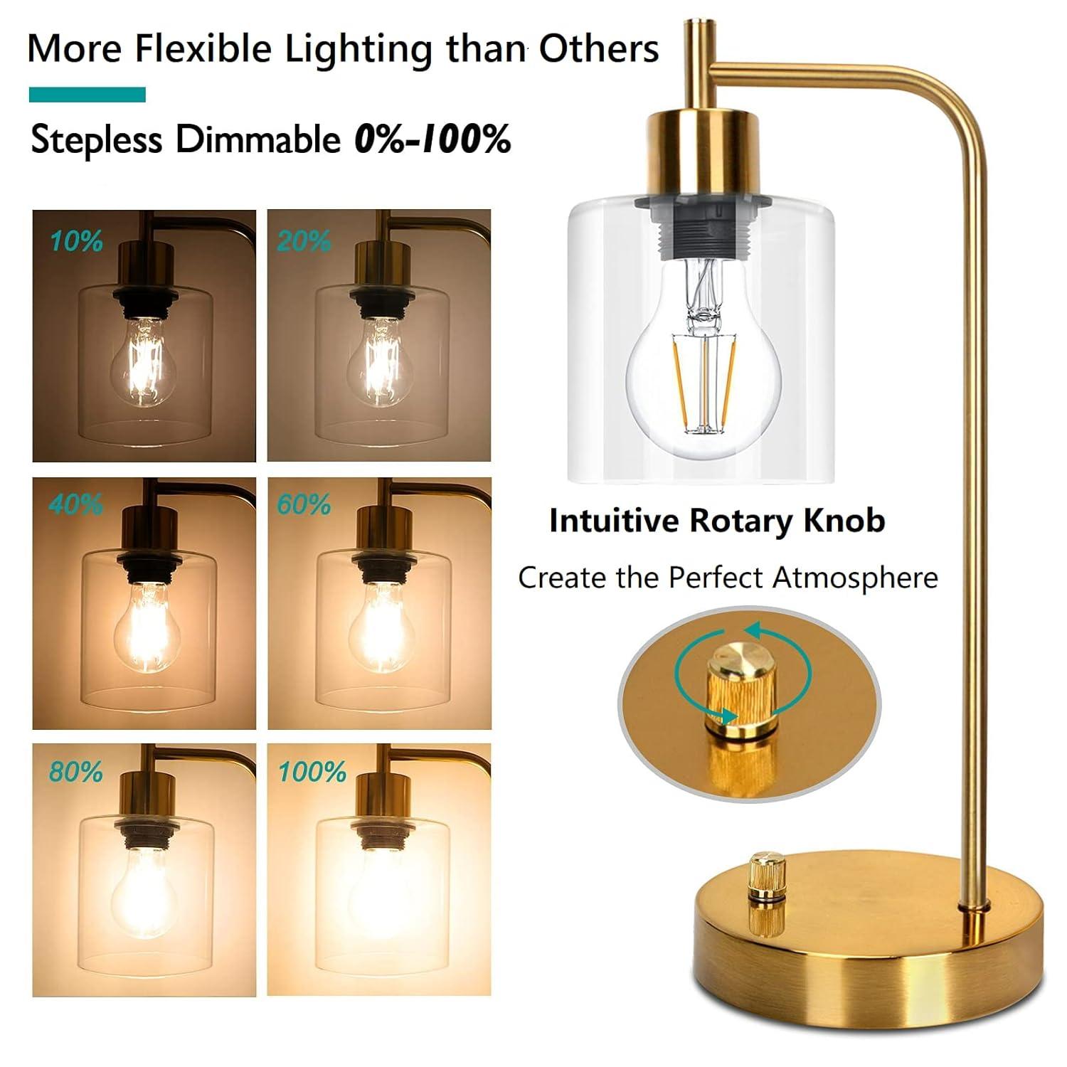 【Upgraded】Set of 2 Industrial Table Lamps with 2 USB Port, Fully Stepless Dimmable Bedside Lamps for Bedroom, Nightstand Desk Lamps with Glass Shade for Bedroom Living Room Office 2 LED Bulb Included