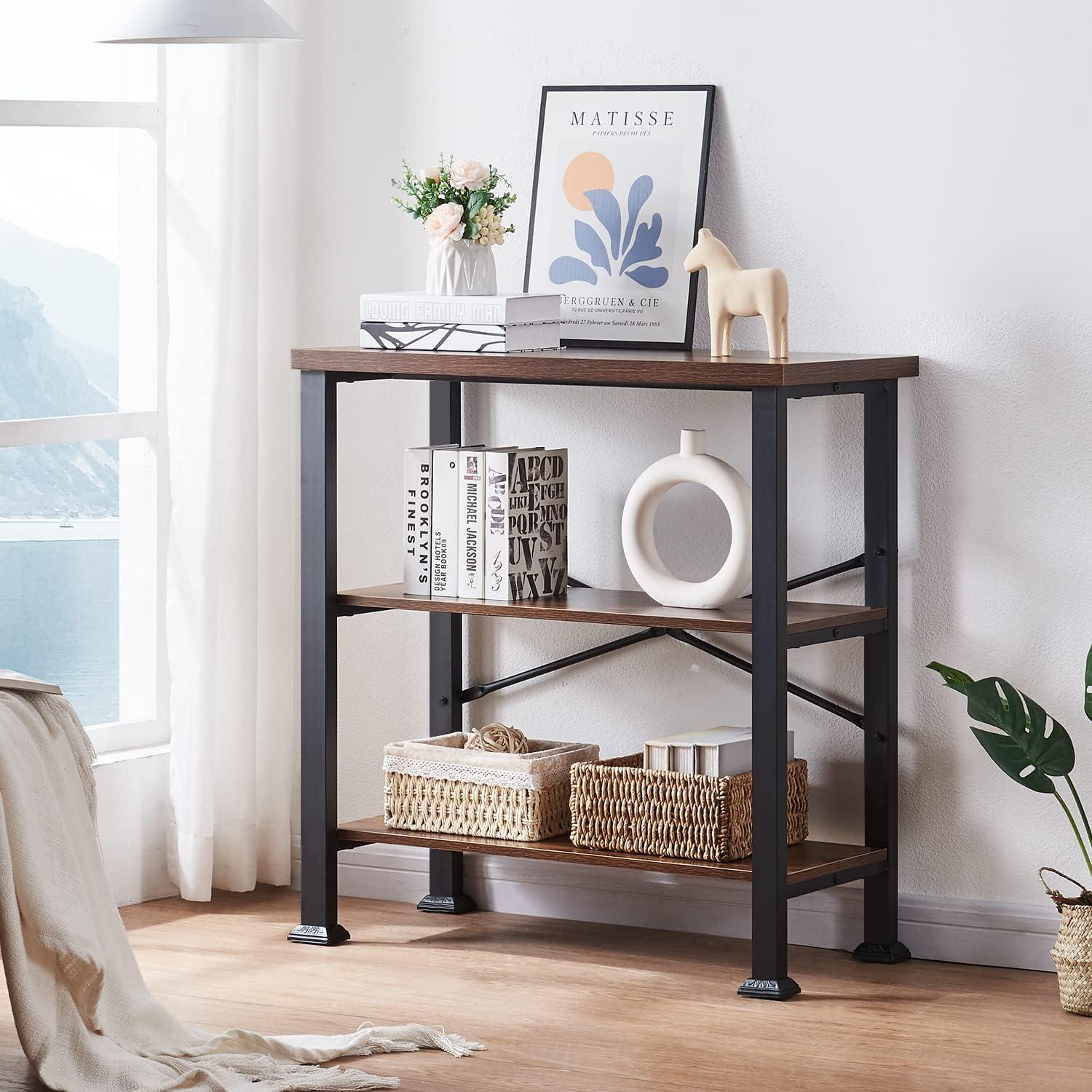 Rustic Brown 3-Tier Adjustable Wood and Metal Bookshelf