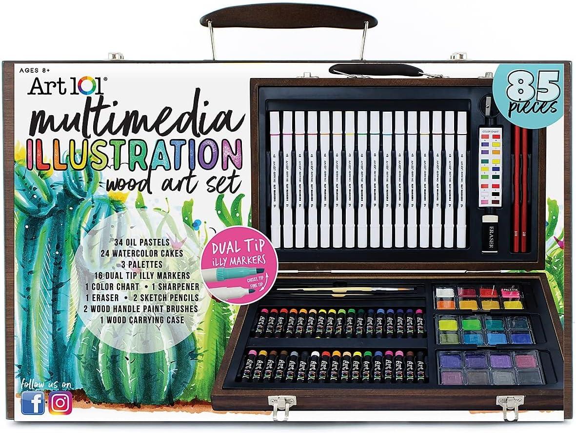 85pc Multimedia Illustration Art Set in Wood Case - Art 101: Drawing & Coloring Kit for Kids with Markers, Paint & Crayons