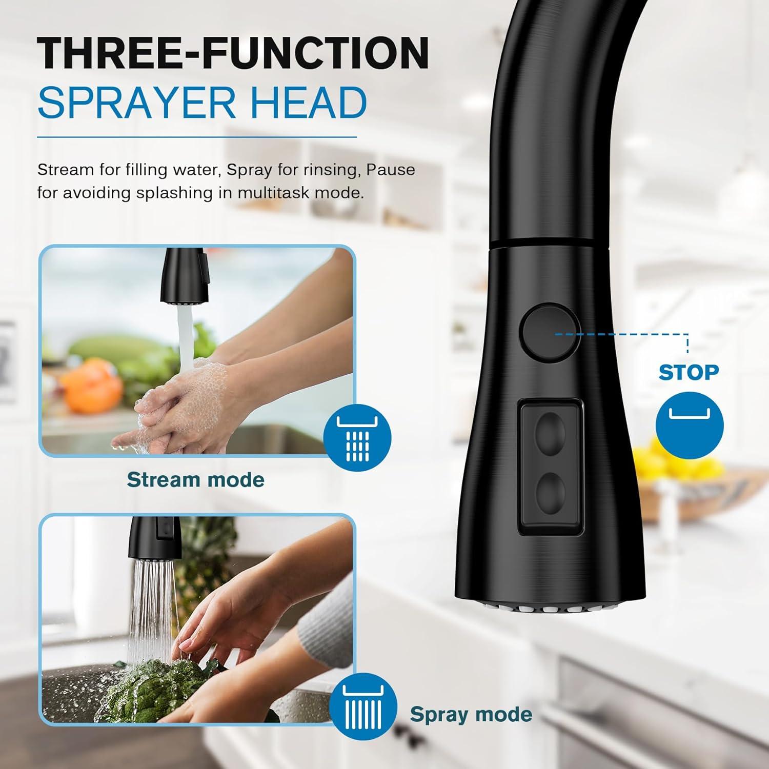 Black Kitchen Sink Faucet, Kitchen Faucet with Pull Down Sprayer, Stainless Steel Single Handle Faucet for Kitchen Sink with Deck Plate, Fitted for RV, Bar, Laundry, Apartments, Farmhouse