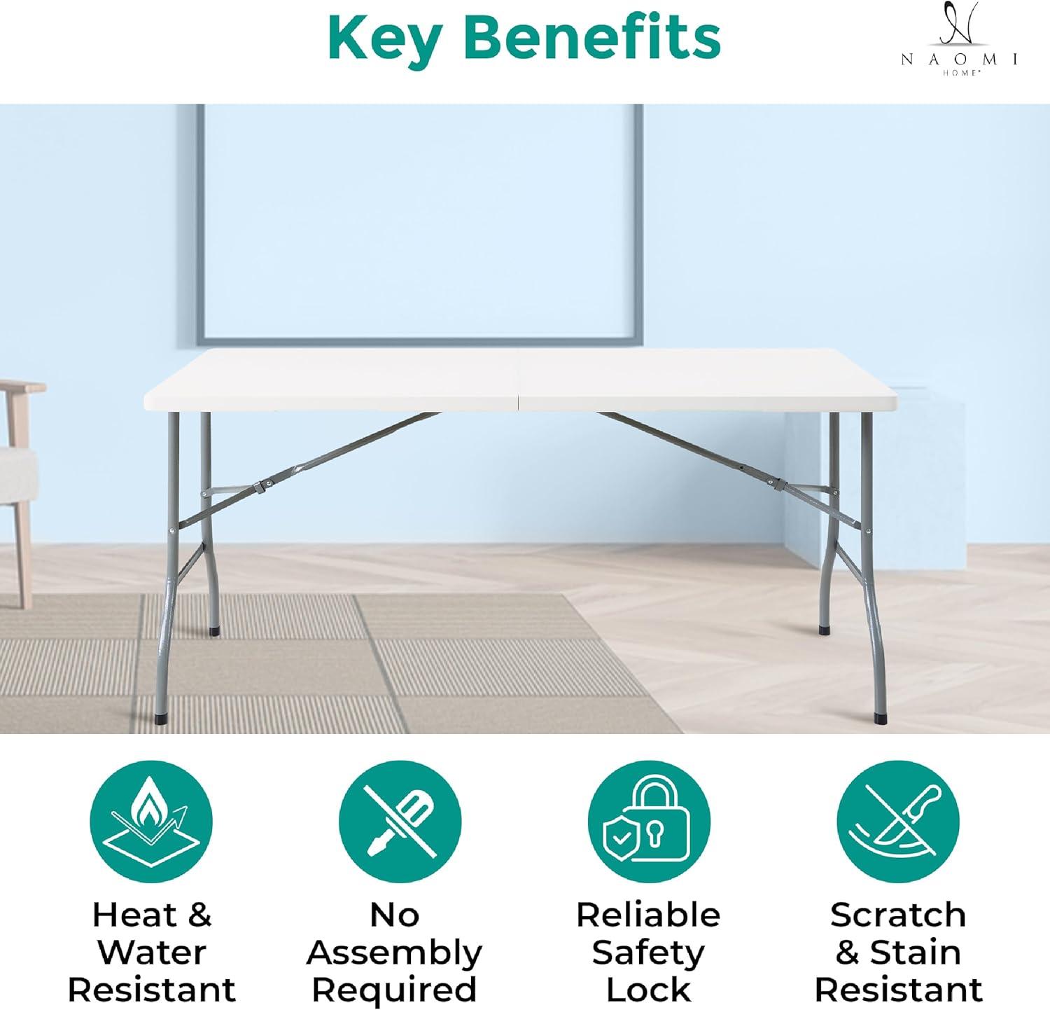 6ft Folding Table Multipurpose Foldable Dinner Table Portable Folding Rectangular Resin Table for Outdoor Camping Picnic Party by Naomi Home - White