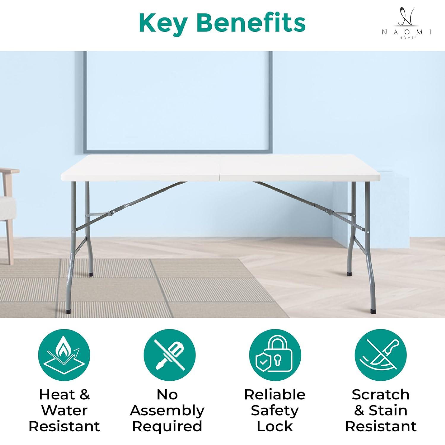 6ft Folding Table Multipurpose Foldable Dinner Table Portable Folding Rectangular Resin Table for Outdoor Camping Picnic Party by Naomi Home - White