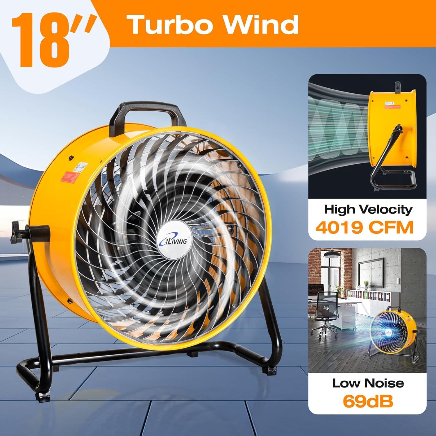 iLIVING iLIVING ILG8TF18-DC 18 in. Low Noise Turbo Fan 4100 CFM 3-Speed Portable Air Circulator for Shop, Office, Greenhouse, Home and Warehouse
