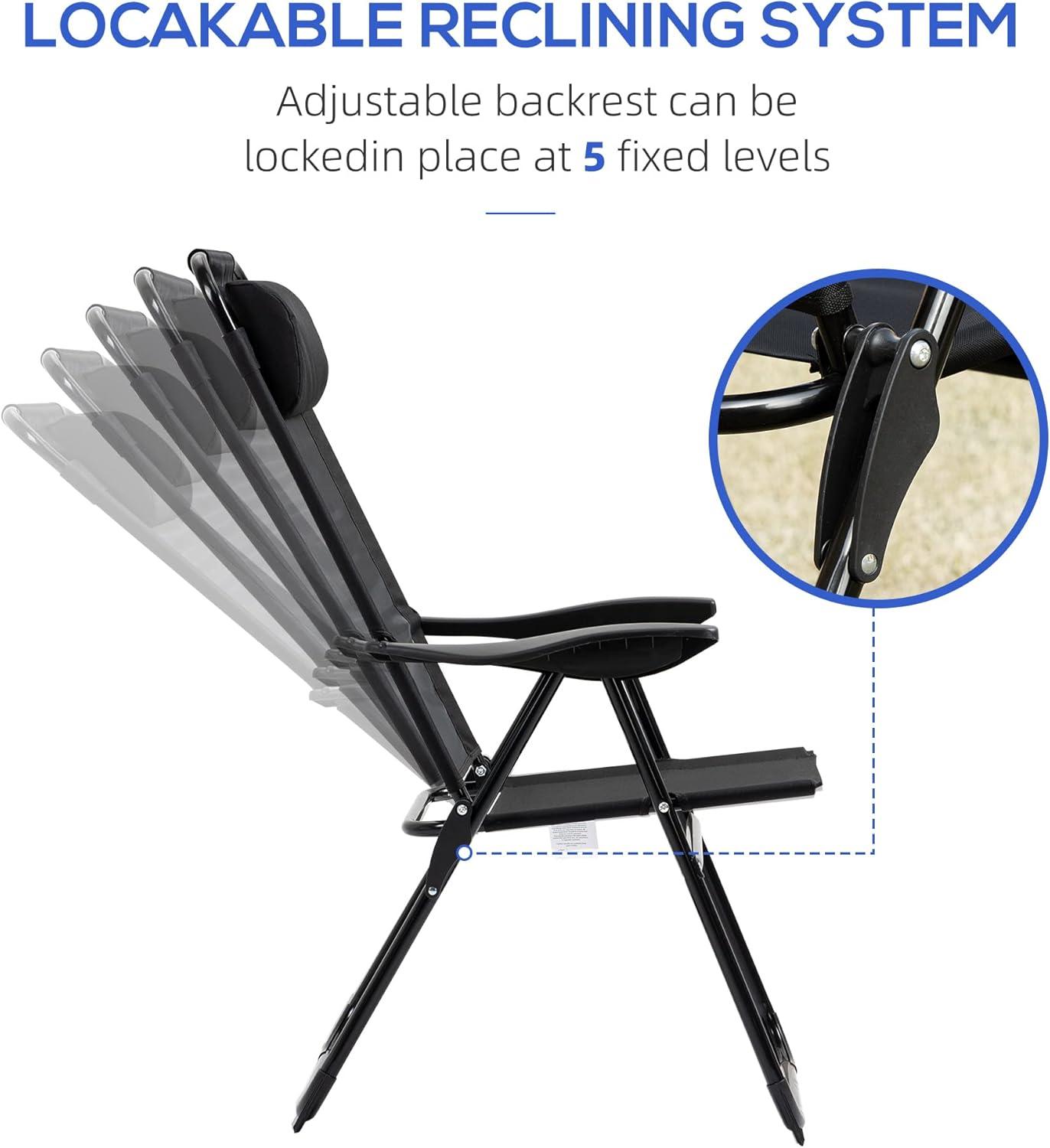 Black and Gray Foldable Outdoor Camping Chairs with Adjustable Backrest, Set of 2