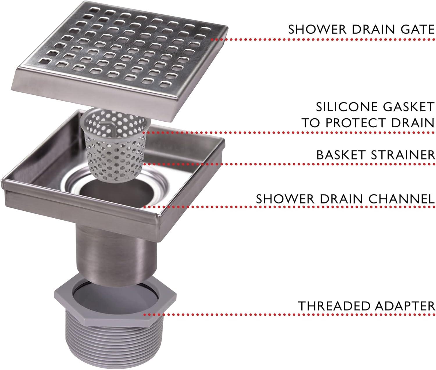 Design House 542852-SS 4" Square Shower Drain Modern Contemporary, Stainless Steel