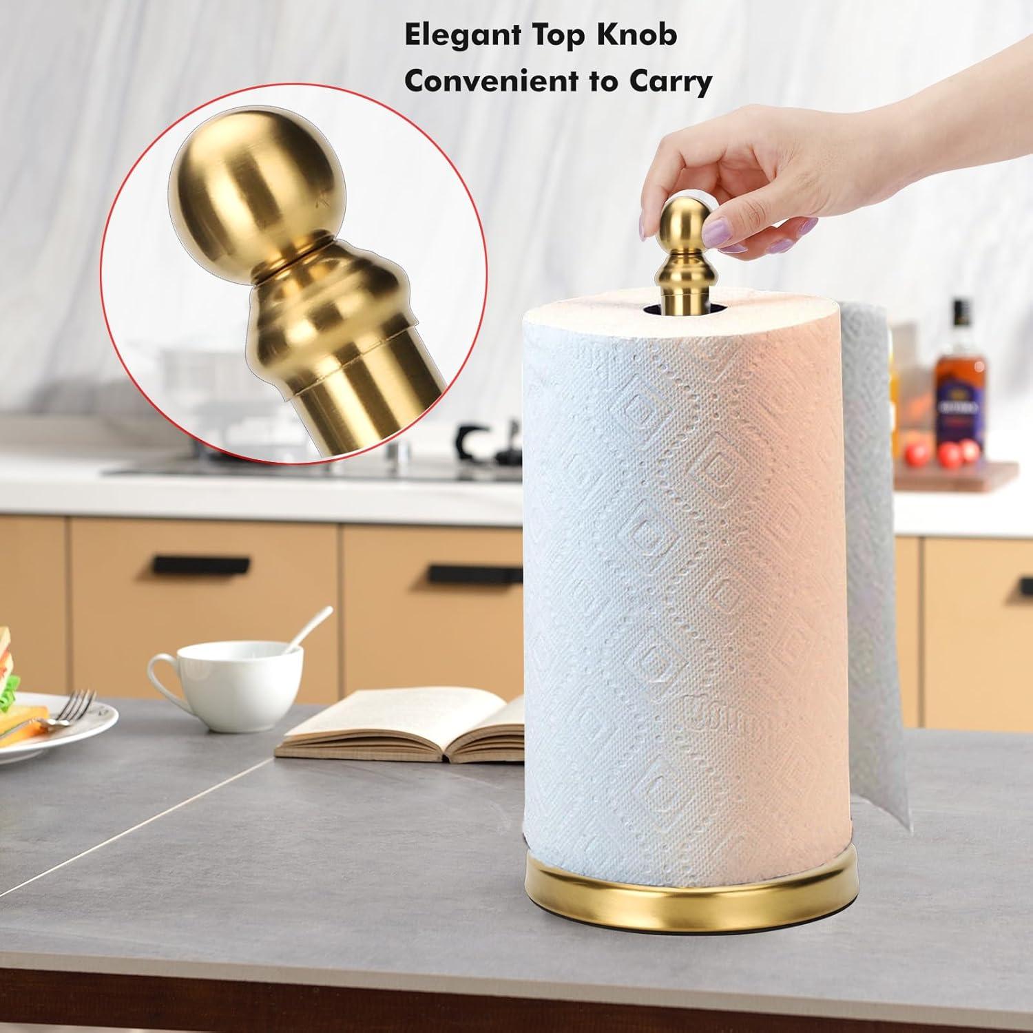 Paper Towel Holder Countertop Standing Roll Kitchen Bathroom Stand Weighted Base Suction Cups Stainless Steel Silver