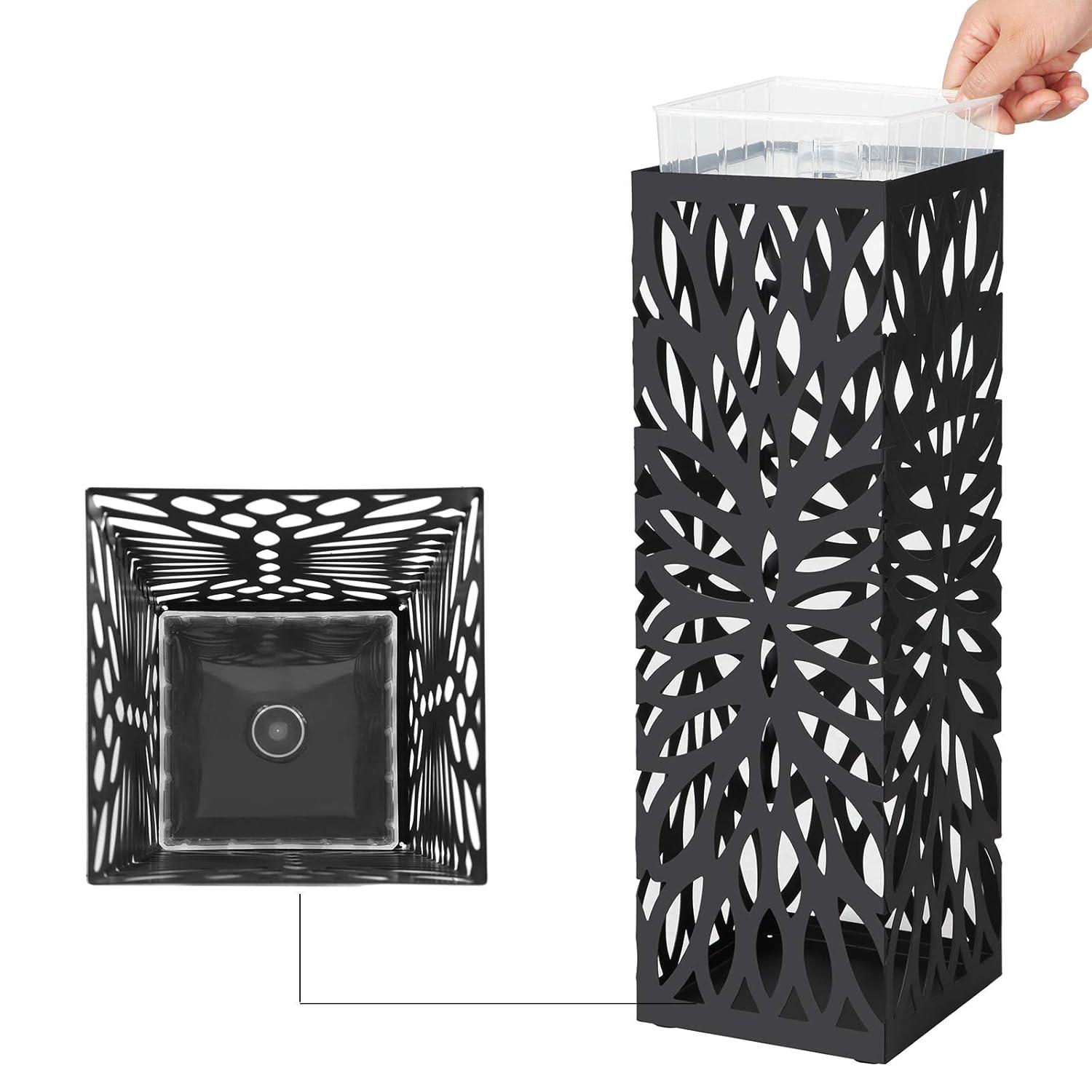 SONGMICS Umbrella Stand, Umbrella Holder for Entryway, Steel Square Umbrella Rack Organizer Freestanding, for Canes Walking Sticks, with a Detachable Drip Tray, 4 Hooks, Black ULUC48B