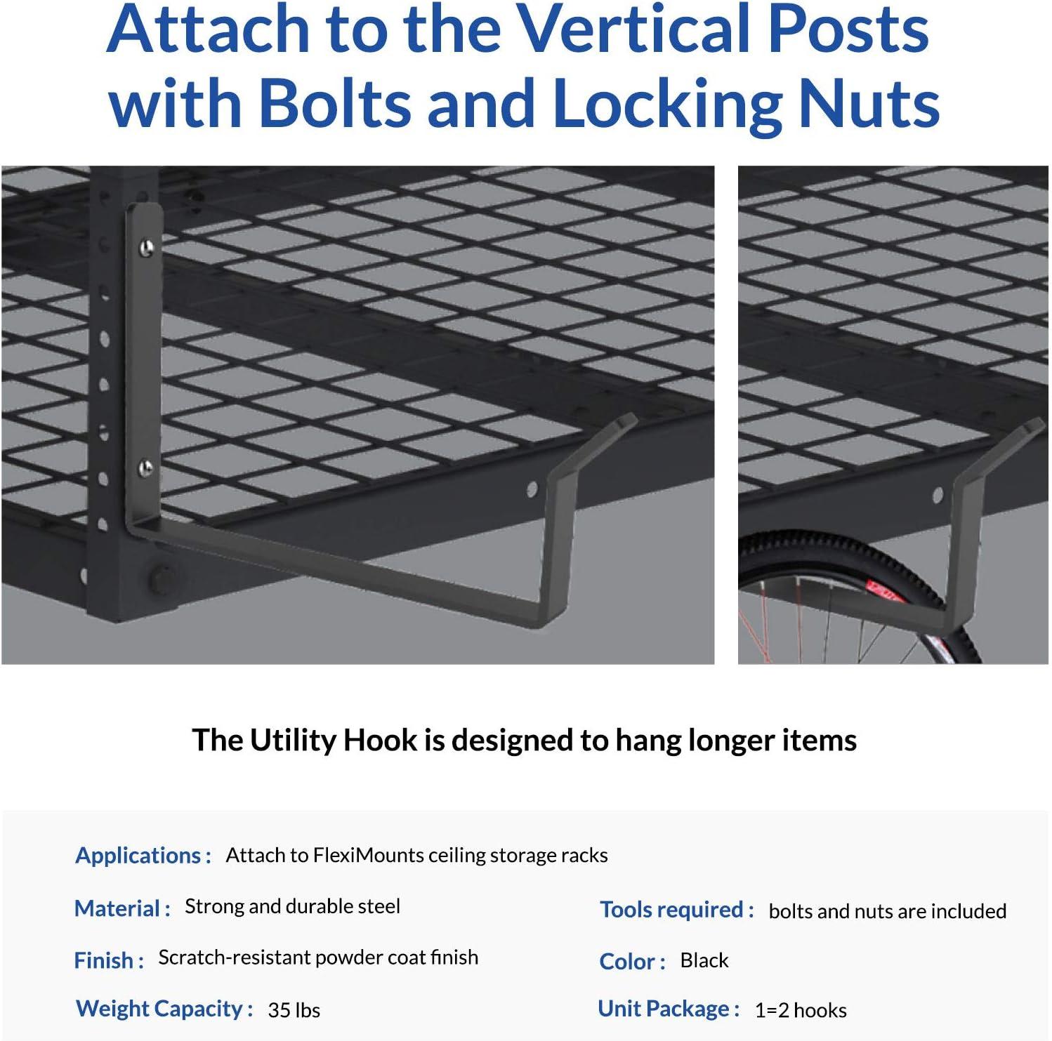 FLEXIMOUNTS 2-Pack Add-On Storage Utility Hook Accessory for Garage Ceiling Storage Rack, Black