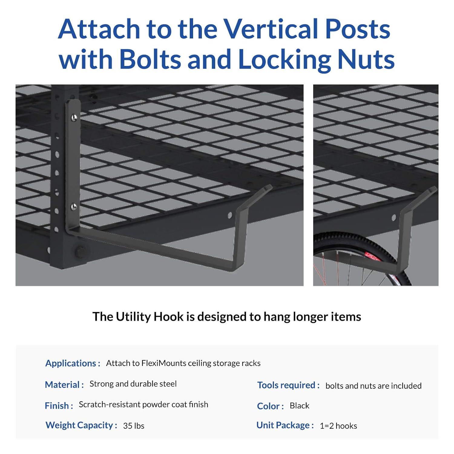 FLEXIMOUNTS 2-Pack Add-On Storage Utility Hook Accessory for Garage Ceiling Storage Rack, Black