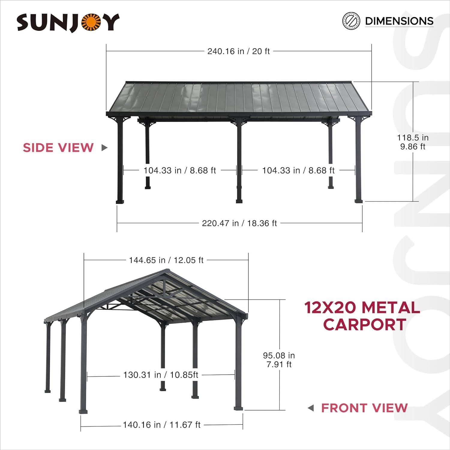 AutoCove 12x20 Metal Carport, Gray Steel Frame Gable Roof Gazebo, Outdoor Living Pavilion with 2 Ceiling Hooks